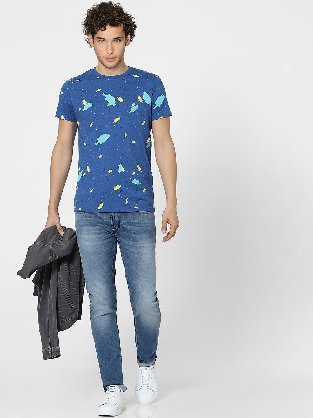 Blue Graphic Print Crew Neck T-shirt - S
