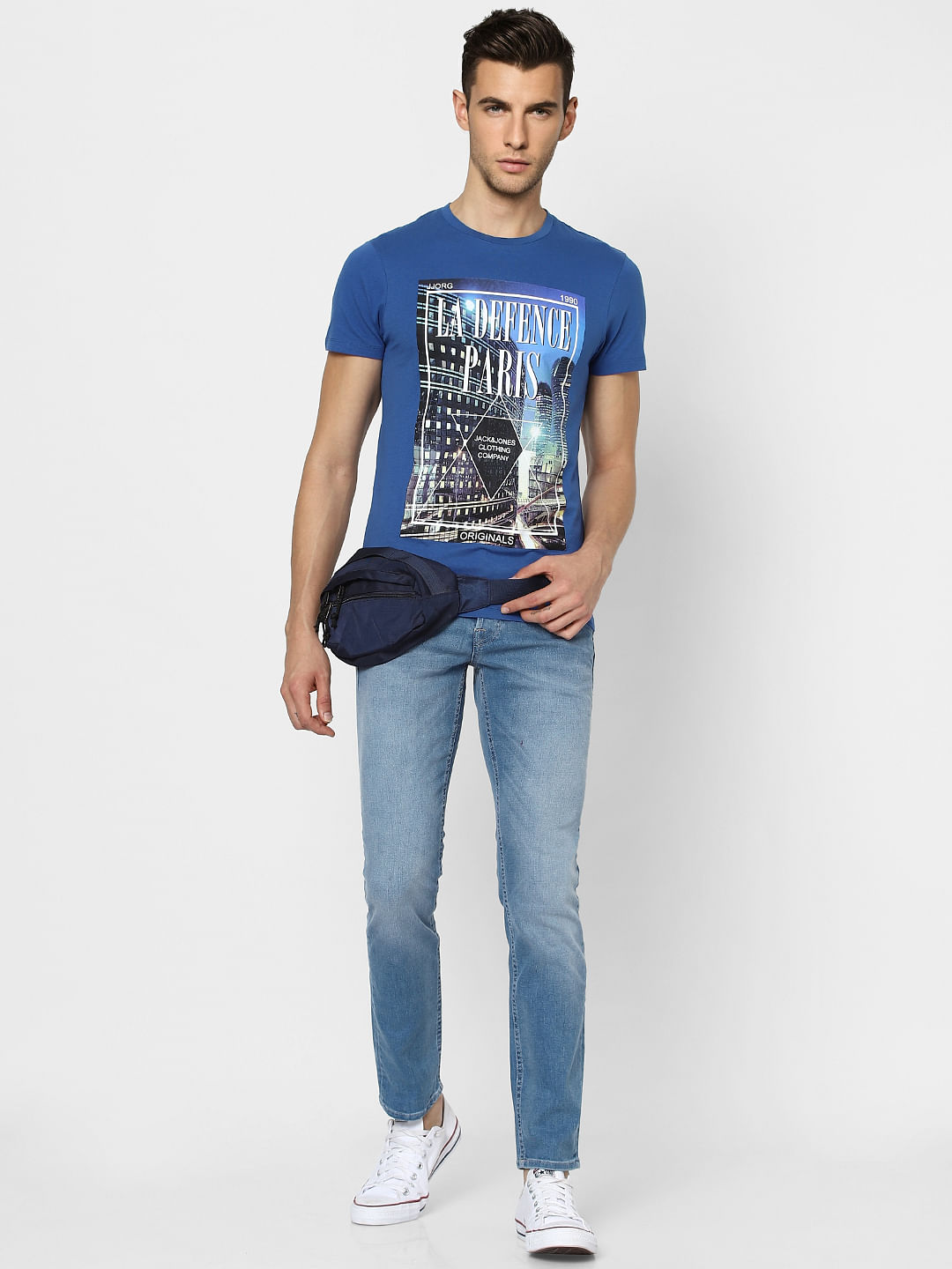 Blue Graphic Print Crew Neck T-shirt - S