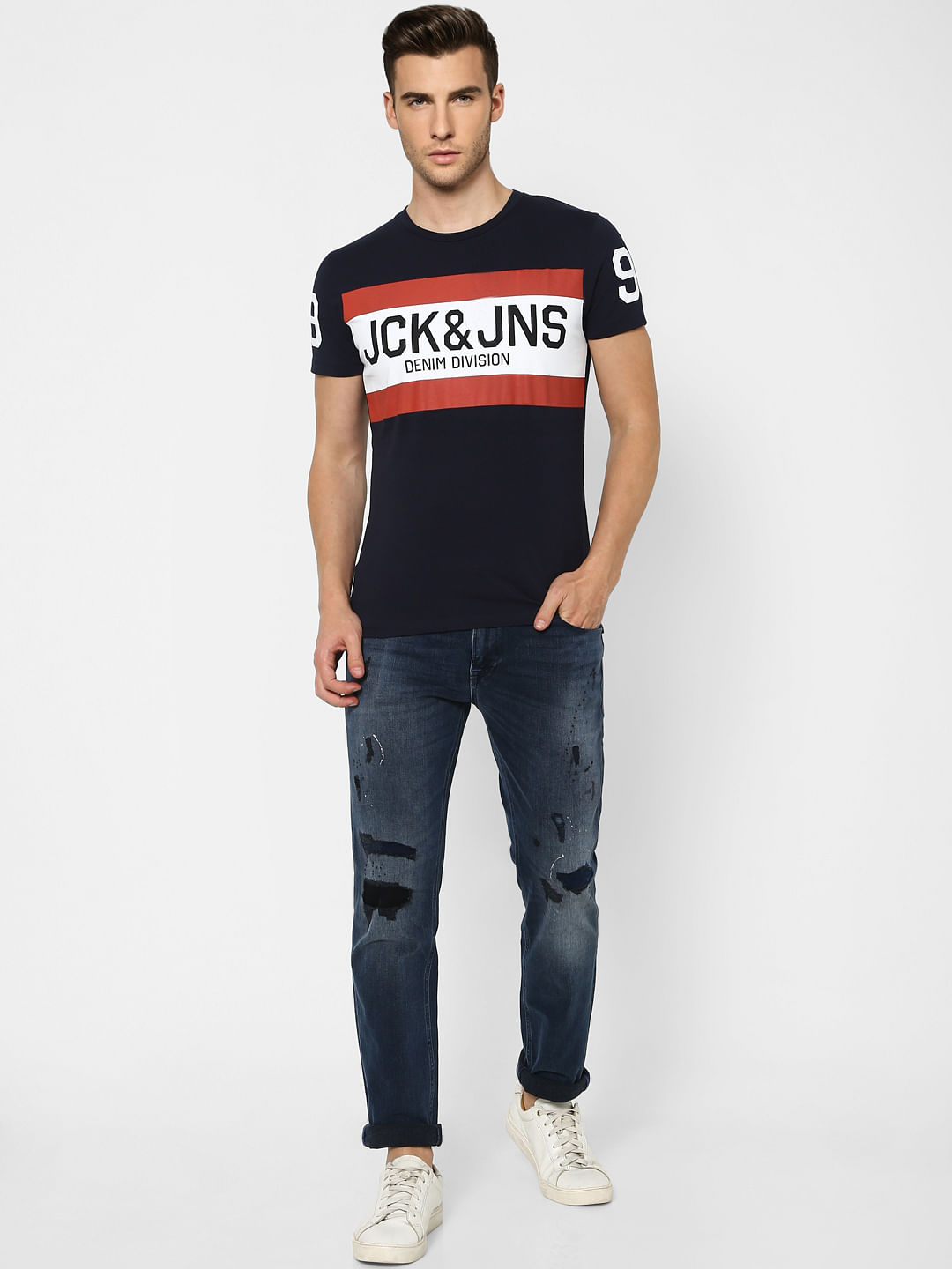 Navy Blue Graphic Print Crew Neck T-shirt - S