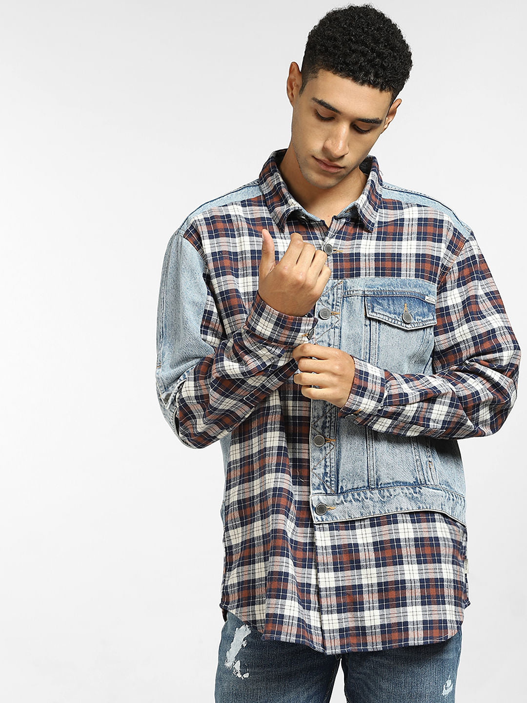 Brown Cut & Sew Denim Oversized Shirt