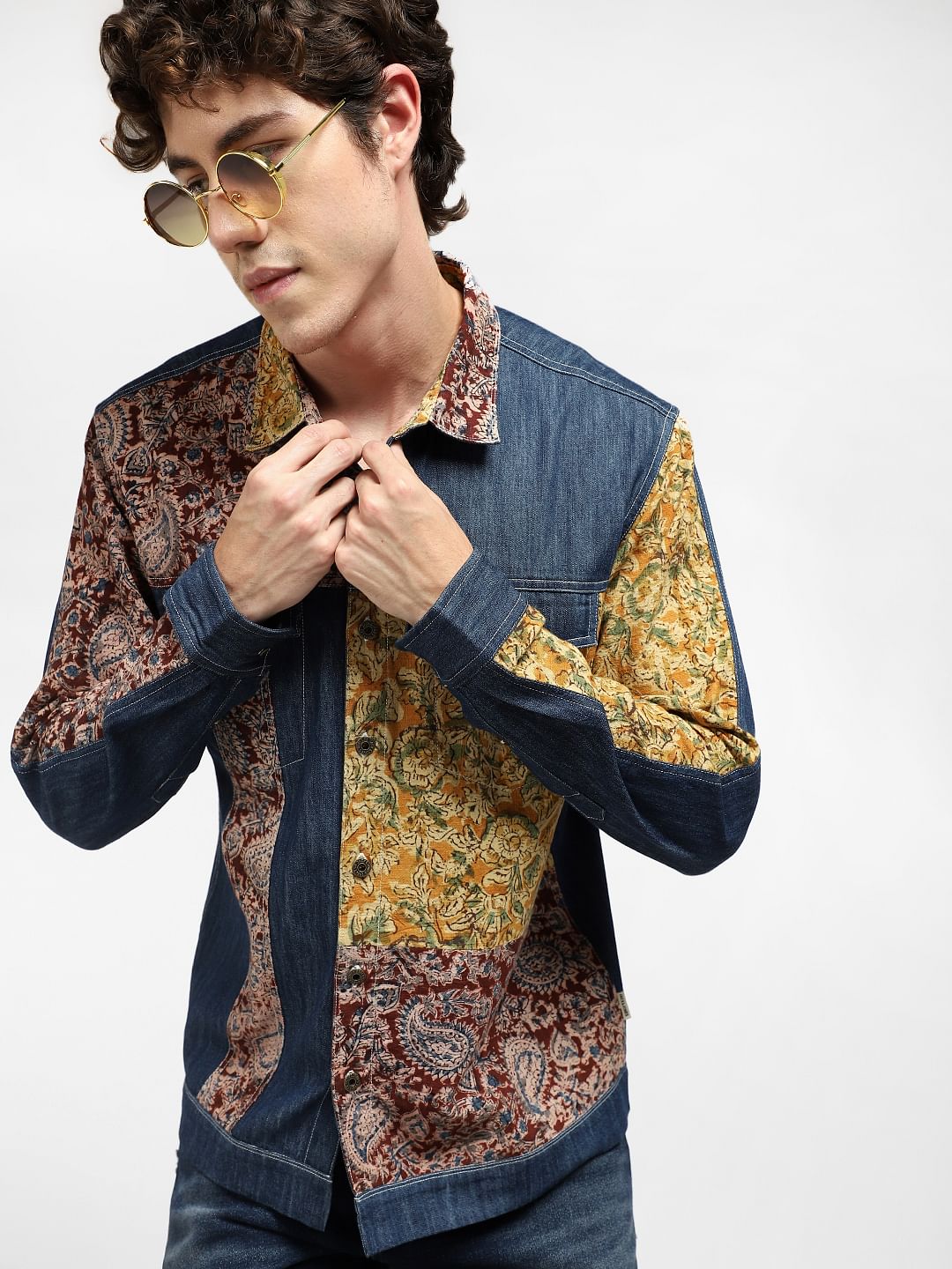 Blue Print-Blocked Denim Shirt - S