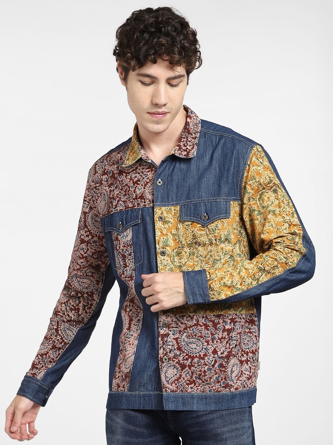 Blue Print-Blocked Denim Shirt