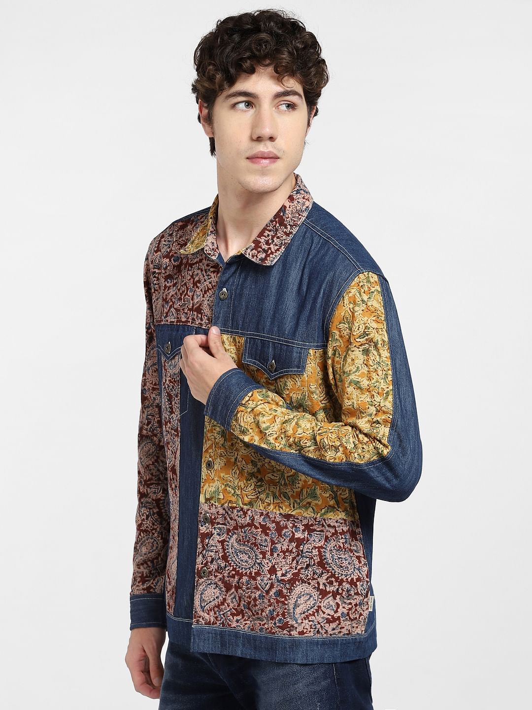 Blue Print-Blocked Denim Shirt