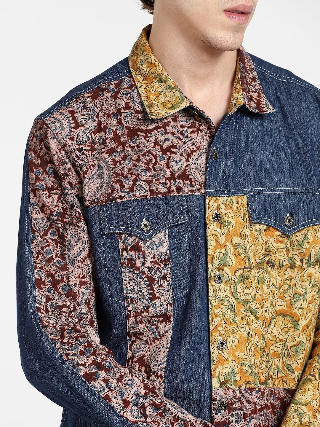 Blue Print-Blocked Denim Shirt