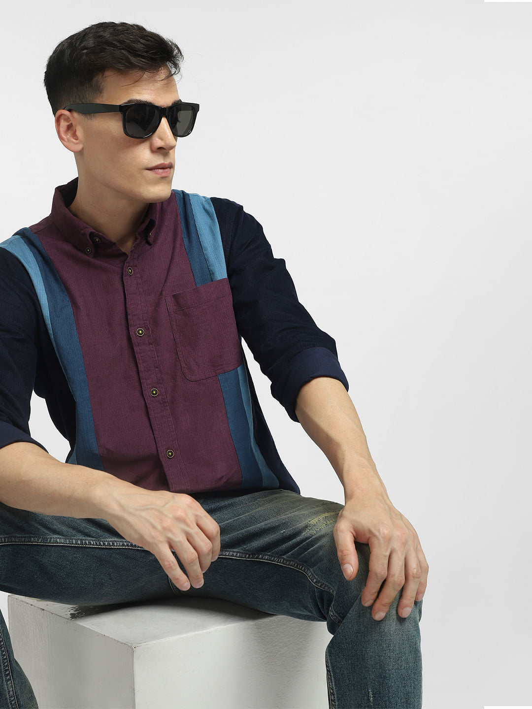 Burgundy Colourblocked Full Sleeves Shirt - S