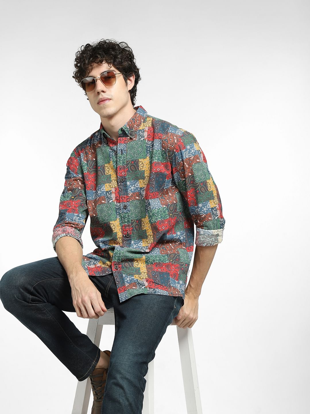 Green Printed Full Sleeves Shirt - S