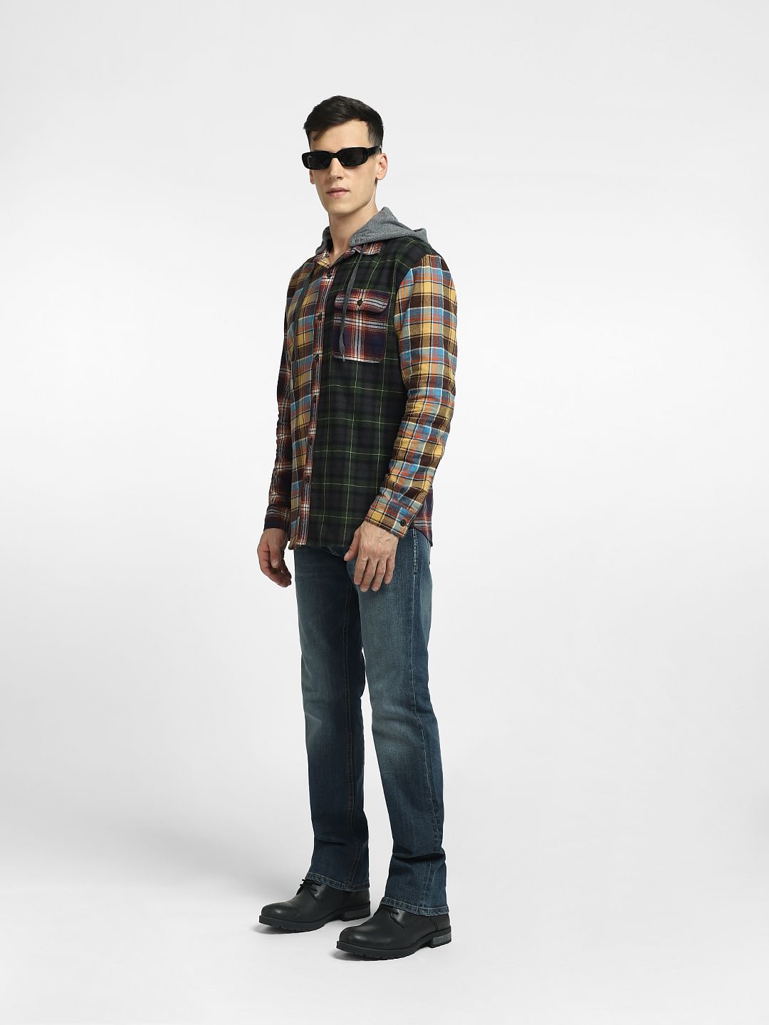 Brown Check Oversized Hooded Shirt - S