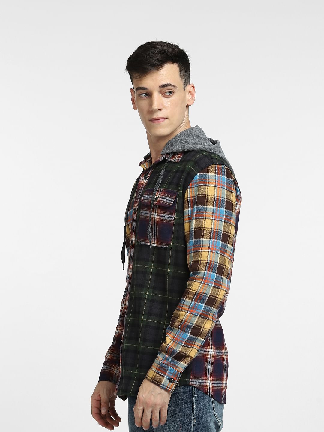Brown Check Oversized Hooded Shirt