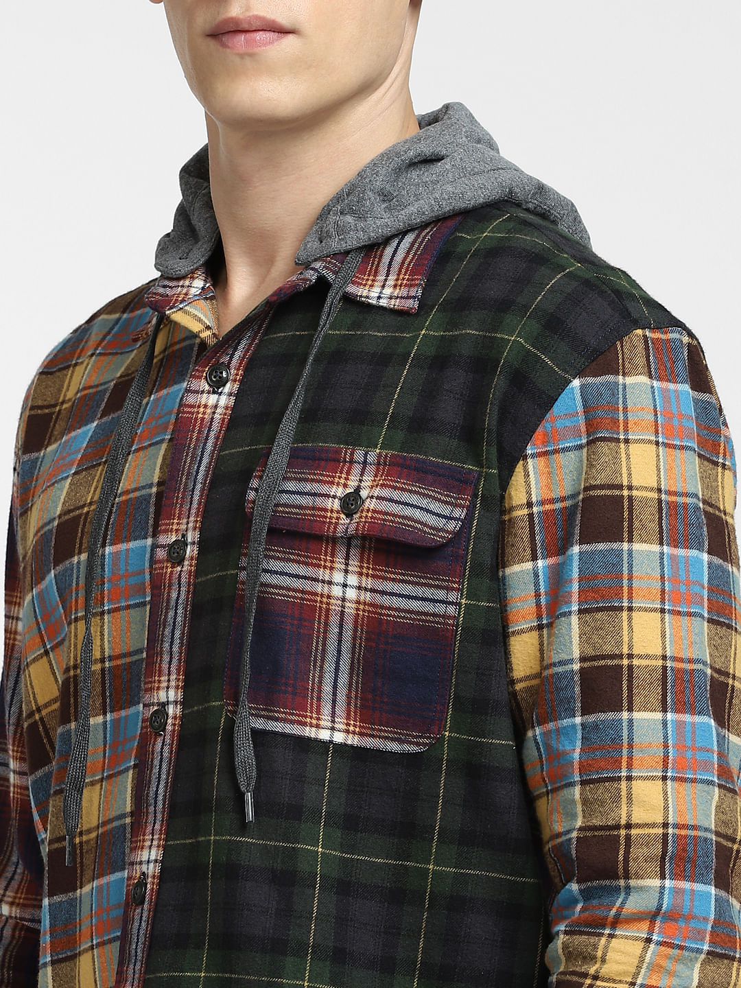 Brown Check Oversized Hooded Shirt
