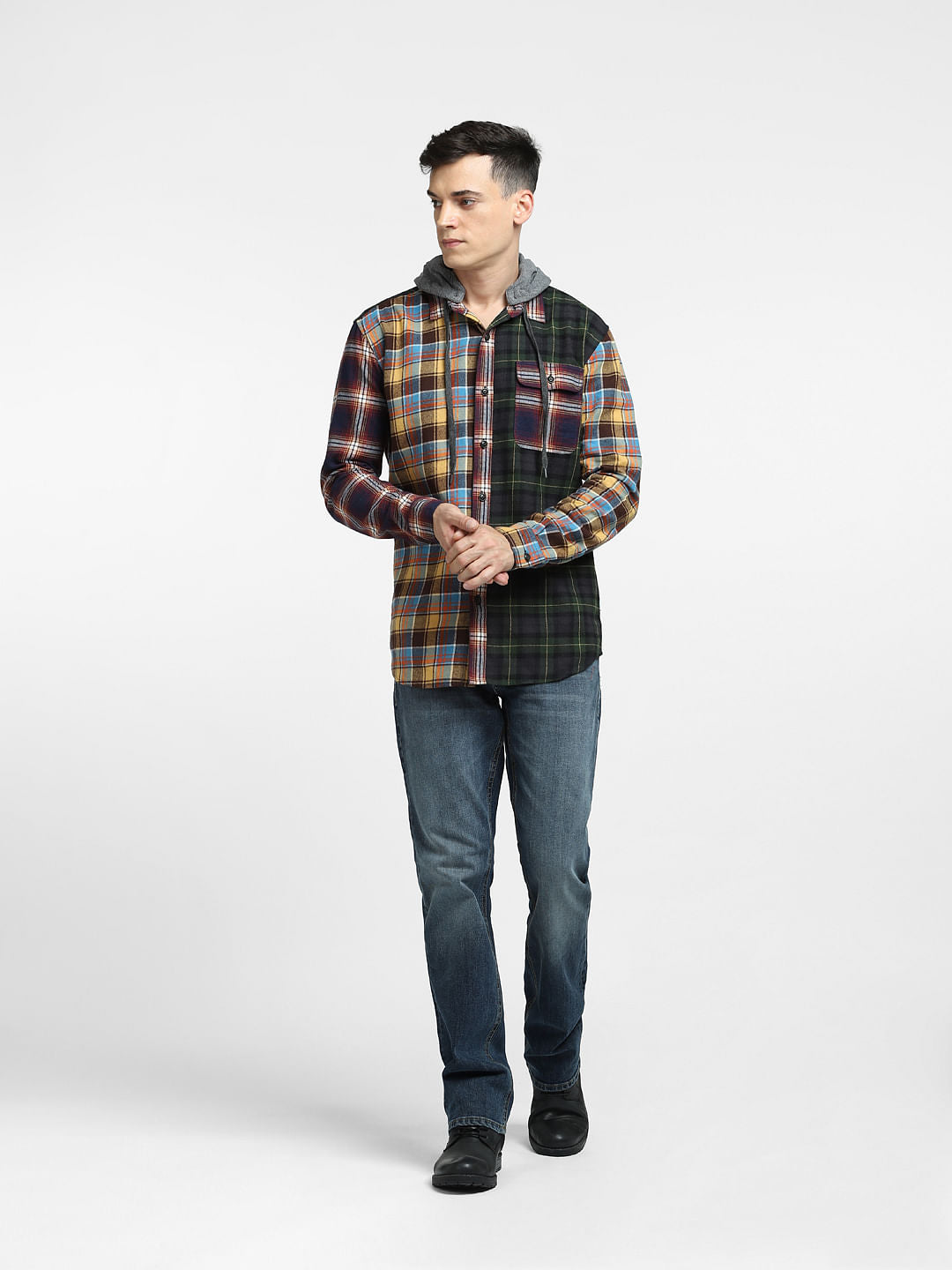 Brown Check Oversized Hooded Shirt