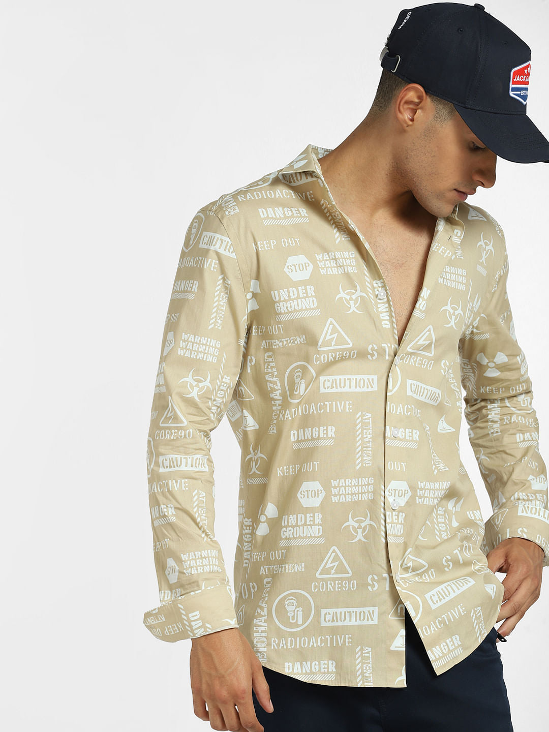 Beige Typographic Print Full Sleeves Shirt - S