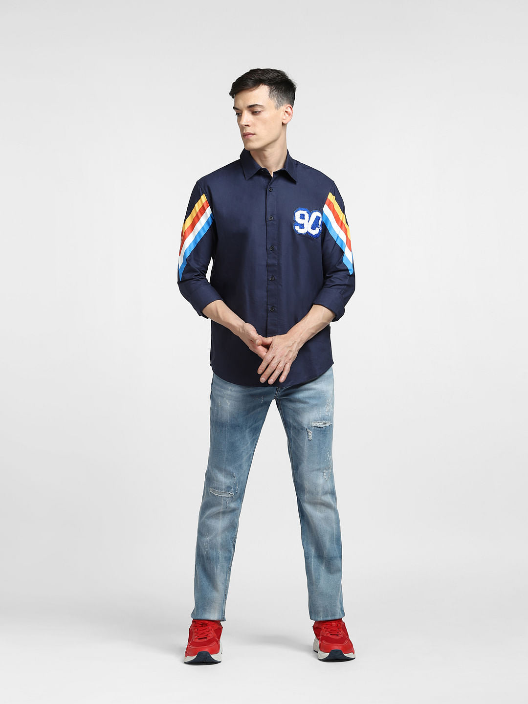 Navy Blue Printed Full Sleeves Shirt