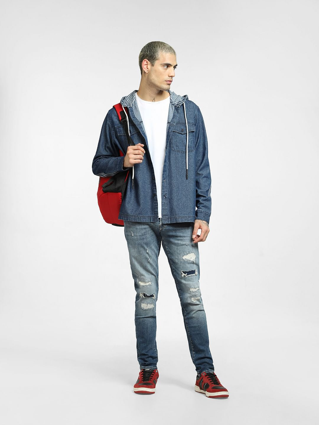 Blue Striped Oversized Hooded Shirt
