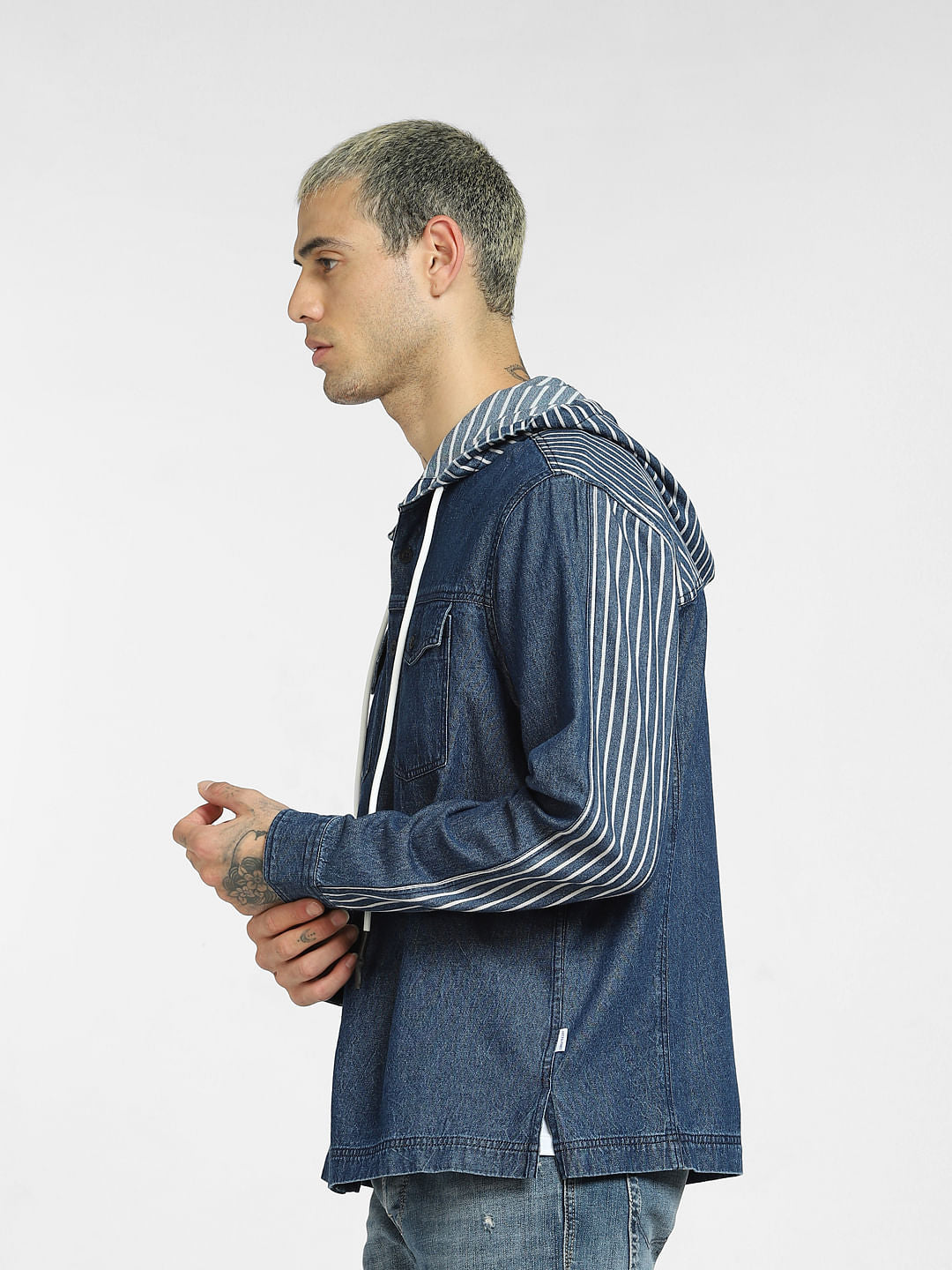 Blue Striped Oversized Hooded Shirt