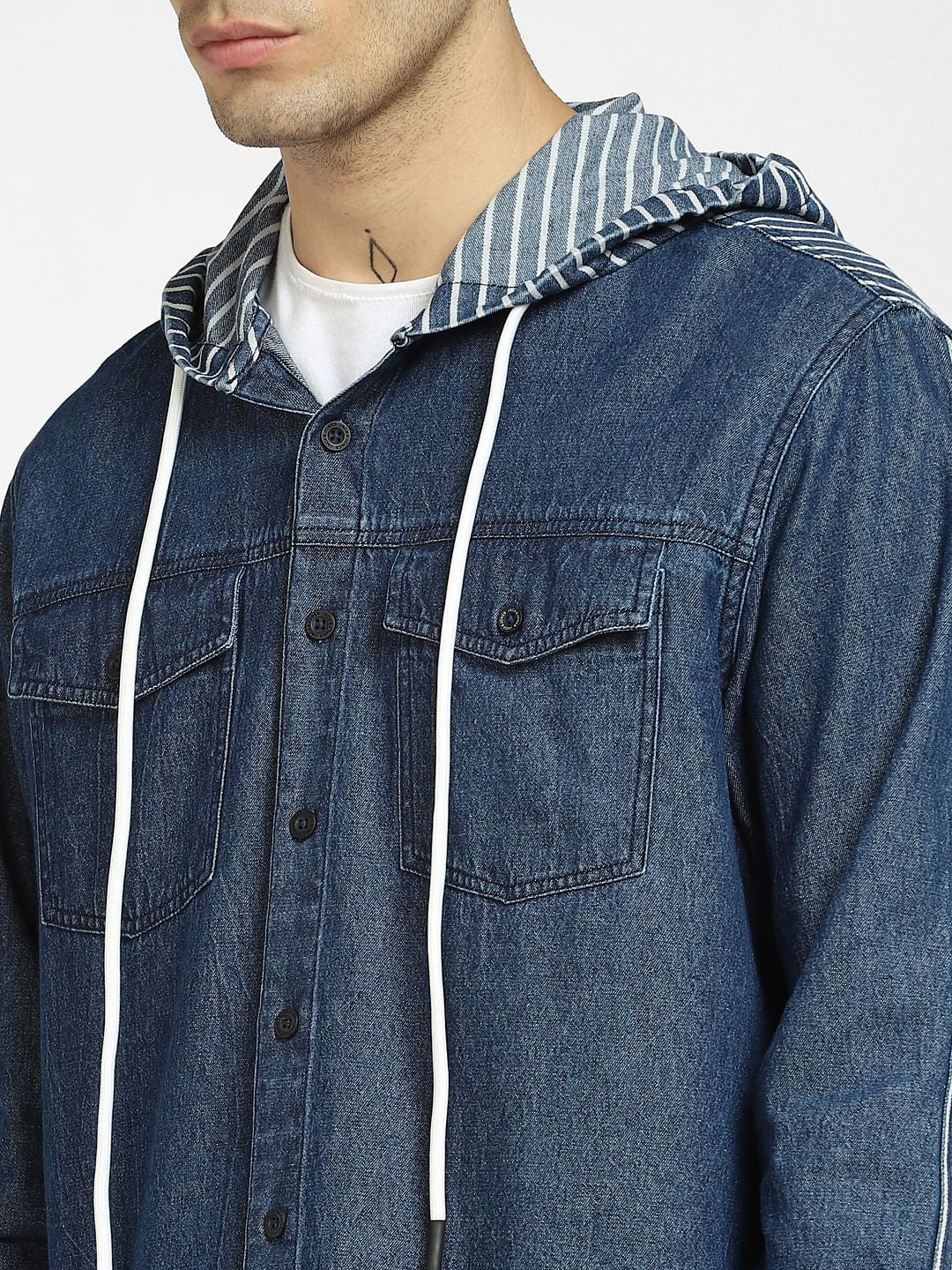 Blue Striped Oversized Hooded Shirt