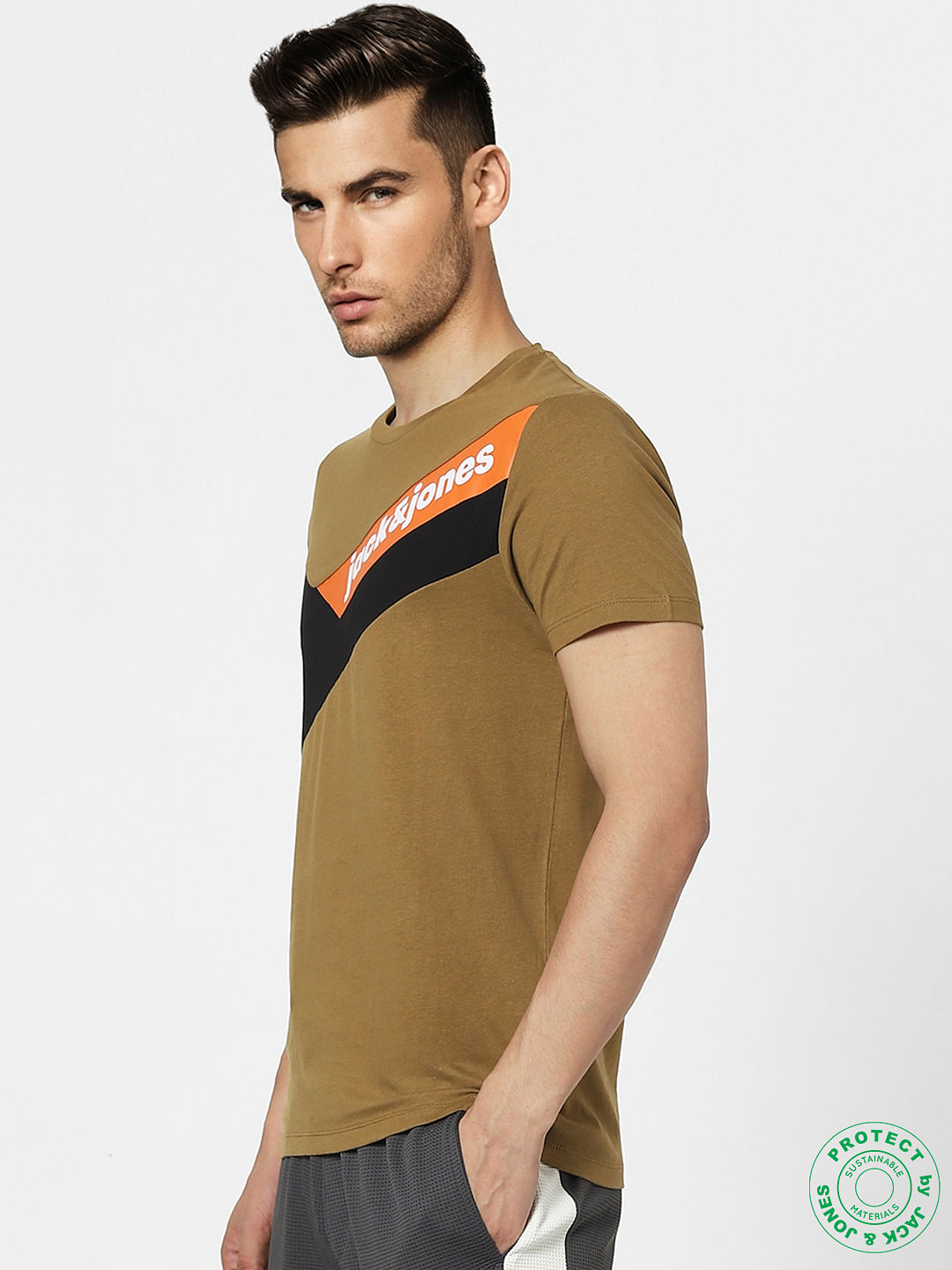 Brown Colourblocked Crew Neck T-shirt