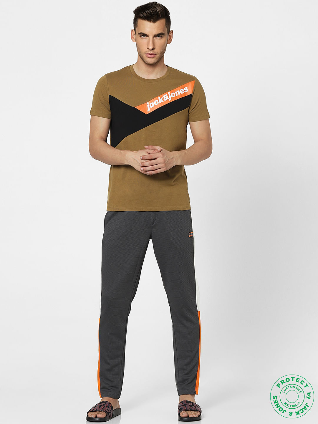 Brown Colourblocked Crew Neck T-shirt