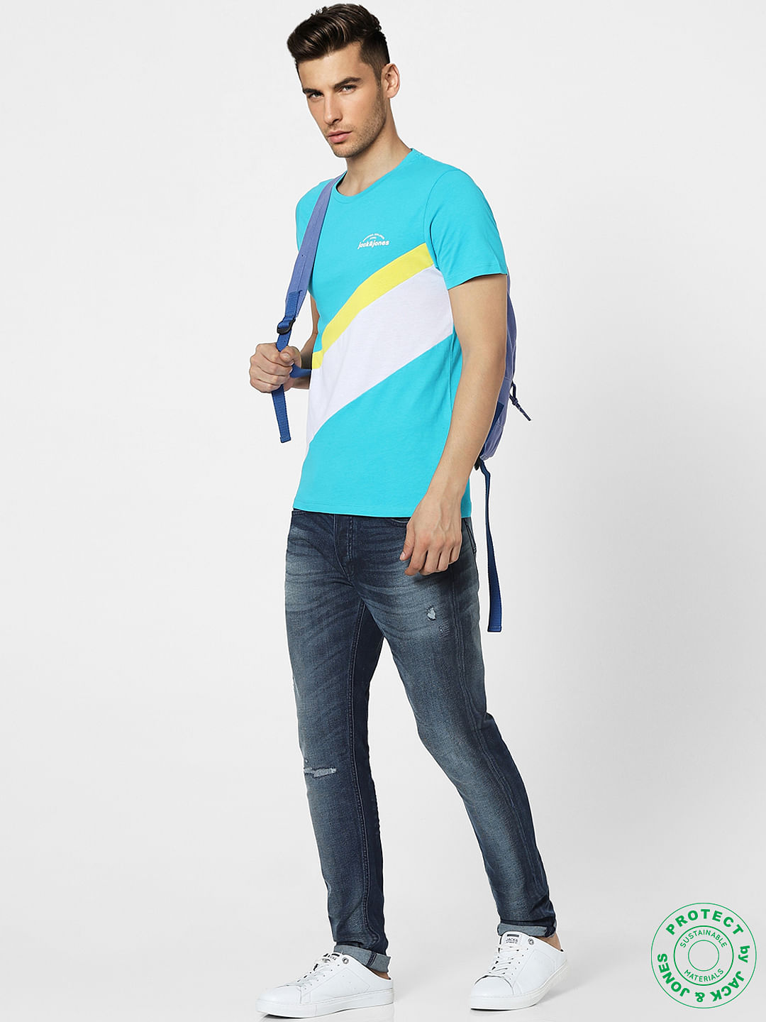 Blue Colourblocked Crew Neck T-shirt