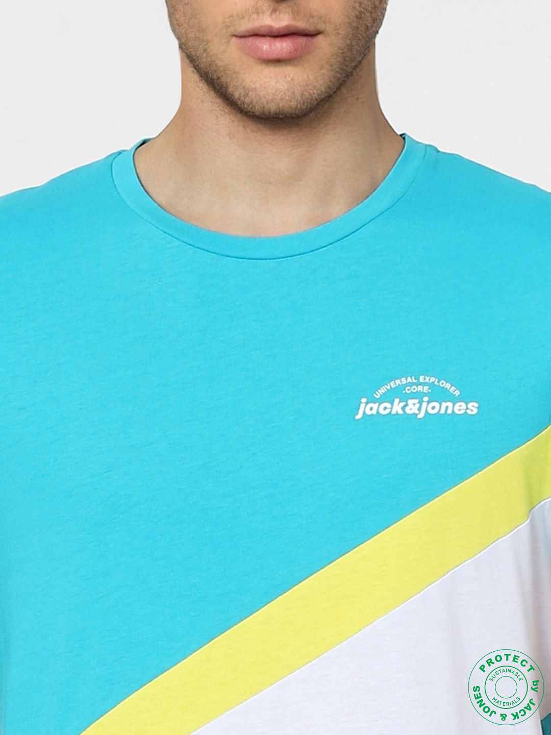 Blue Colourblocked Crew Neck T-shirt