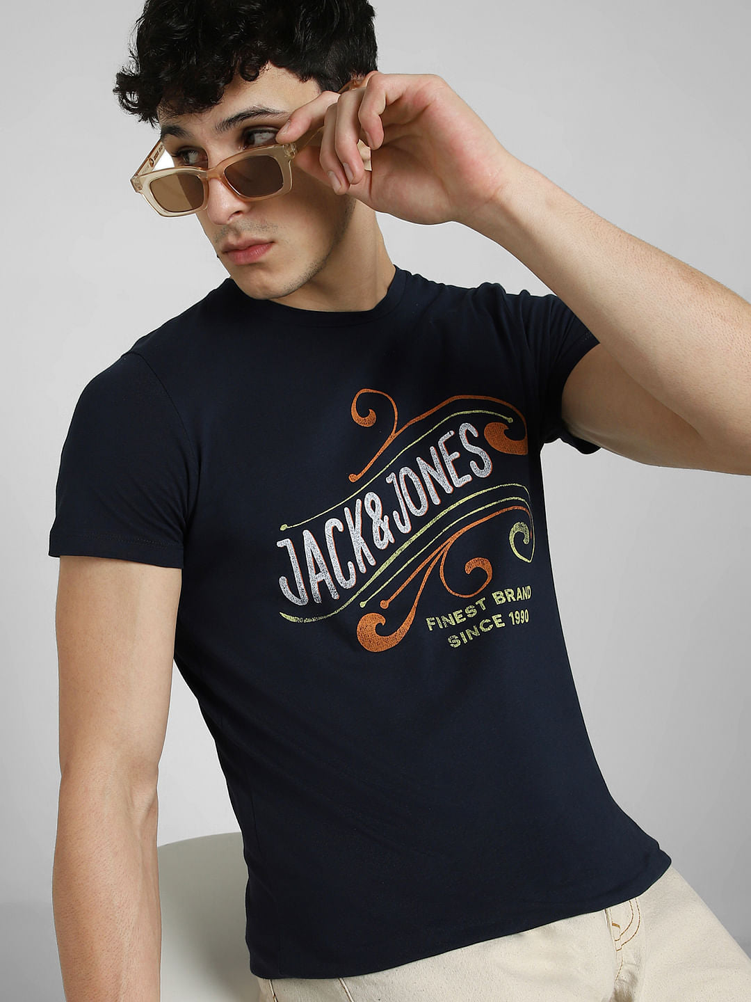 Navy Blue Logo Print Crew Neck T-shirt - S