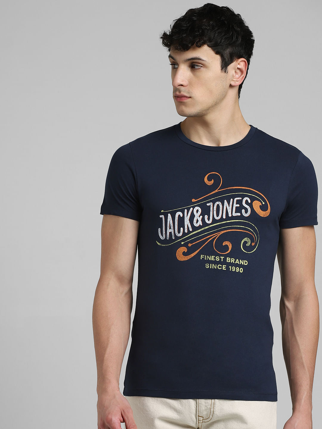 Navy Blue Logo Print Crew Neck T-shirt
