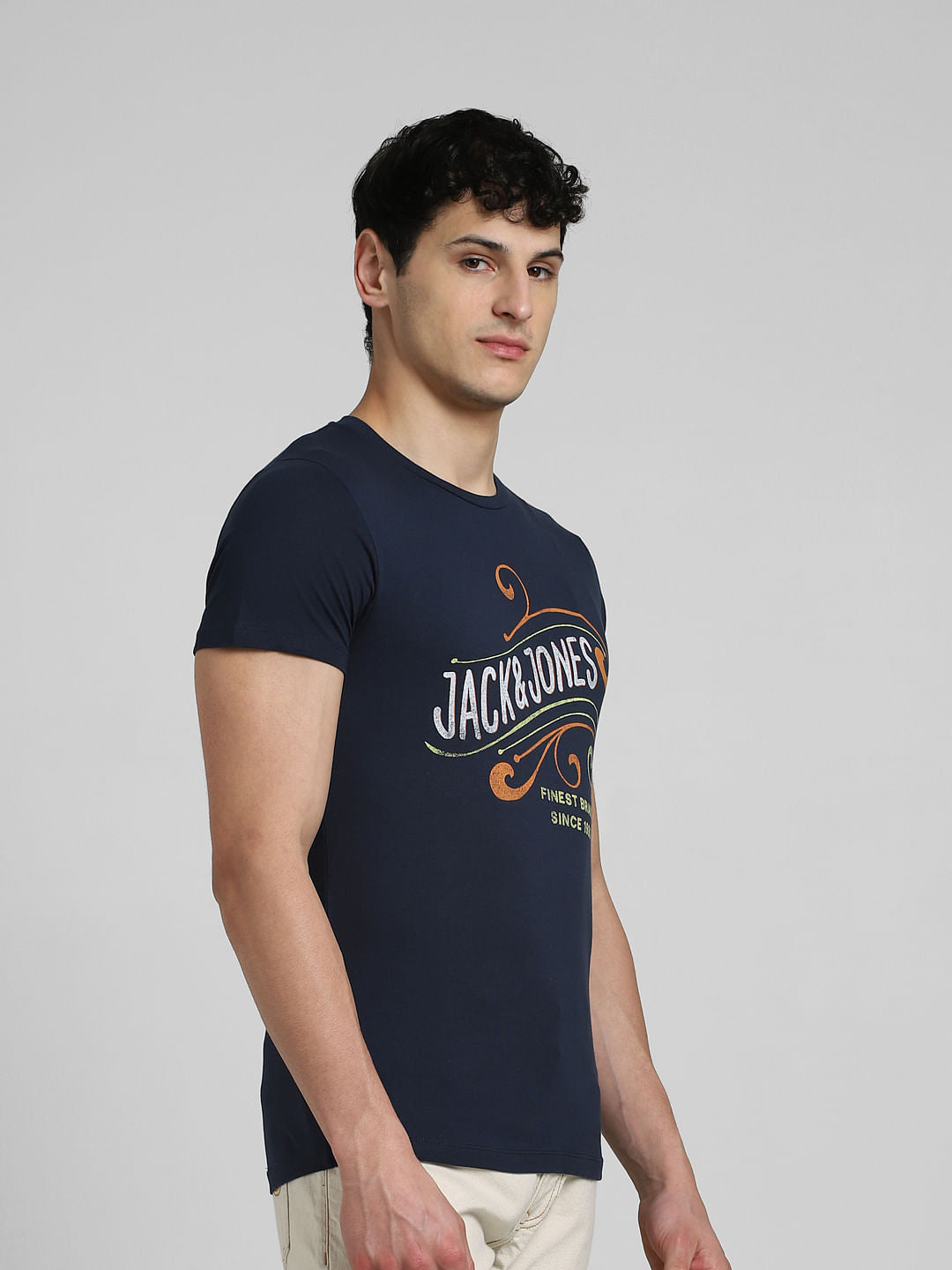 Navy Blue Logo Print Crew Neck T-shirt