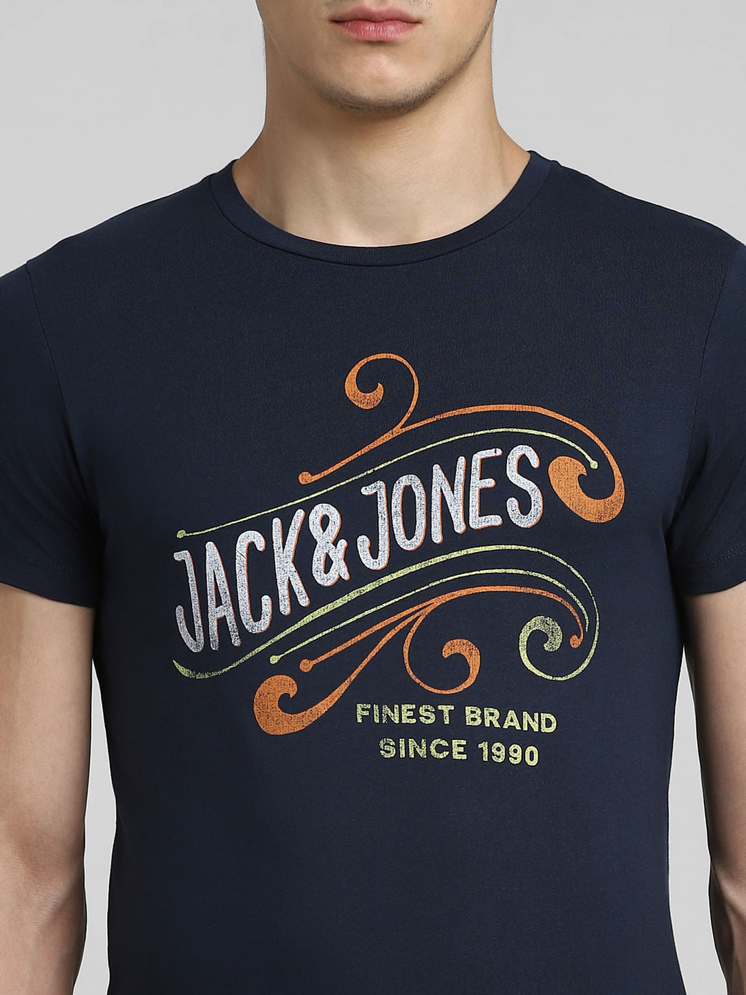 Navy Blue Logo Print Crew Neck T-shirt