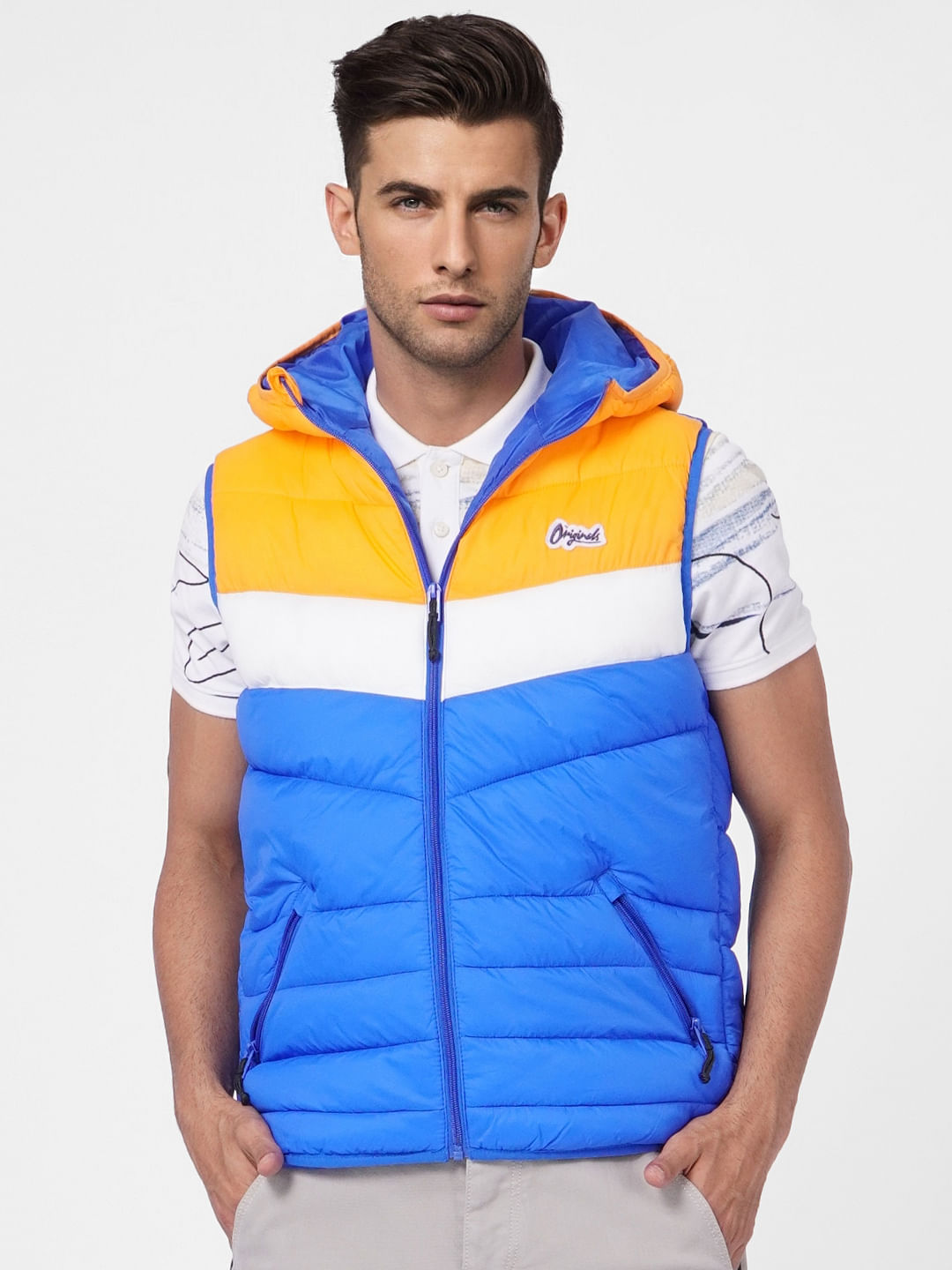Blue Colourblocked Puffer Vest Jacket