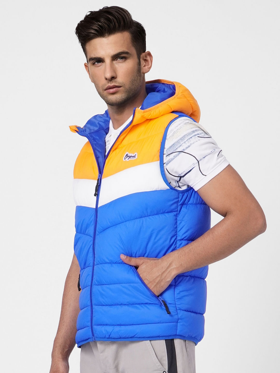 Blue Colourblocked Puffer Vest Jacket