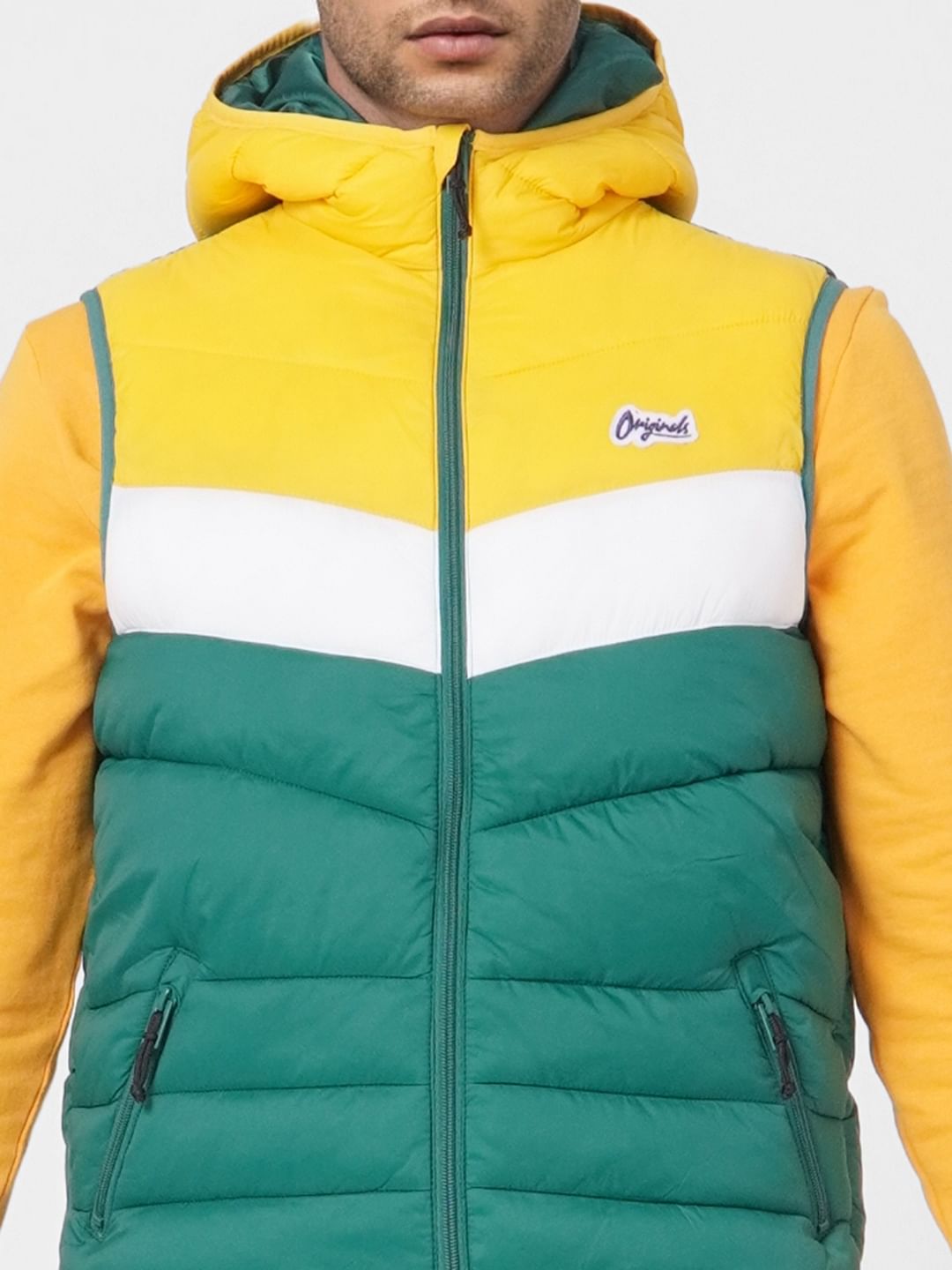 Green Colourblocked Puffer Vest Jacket