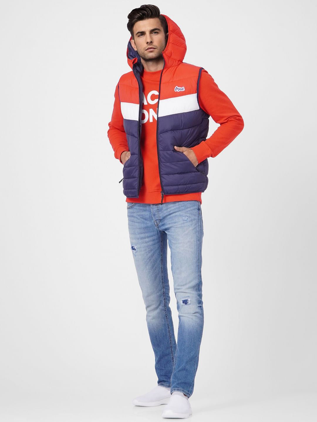 Red Colourblocked Puffer Vest Jacket - S