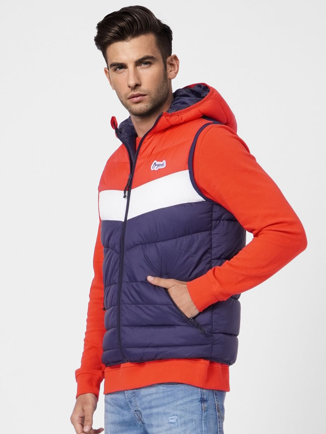 Red Colourblocked Puffer Vest Jacket