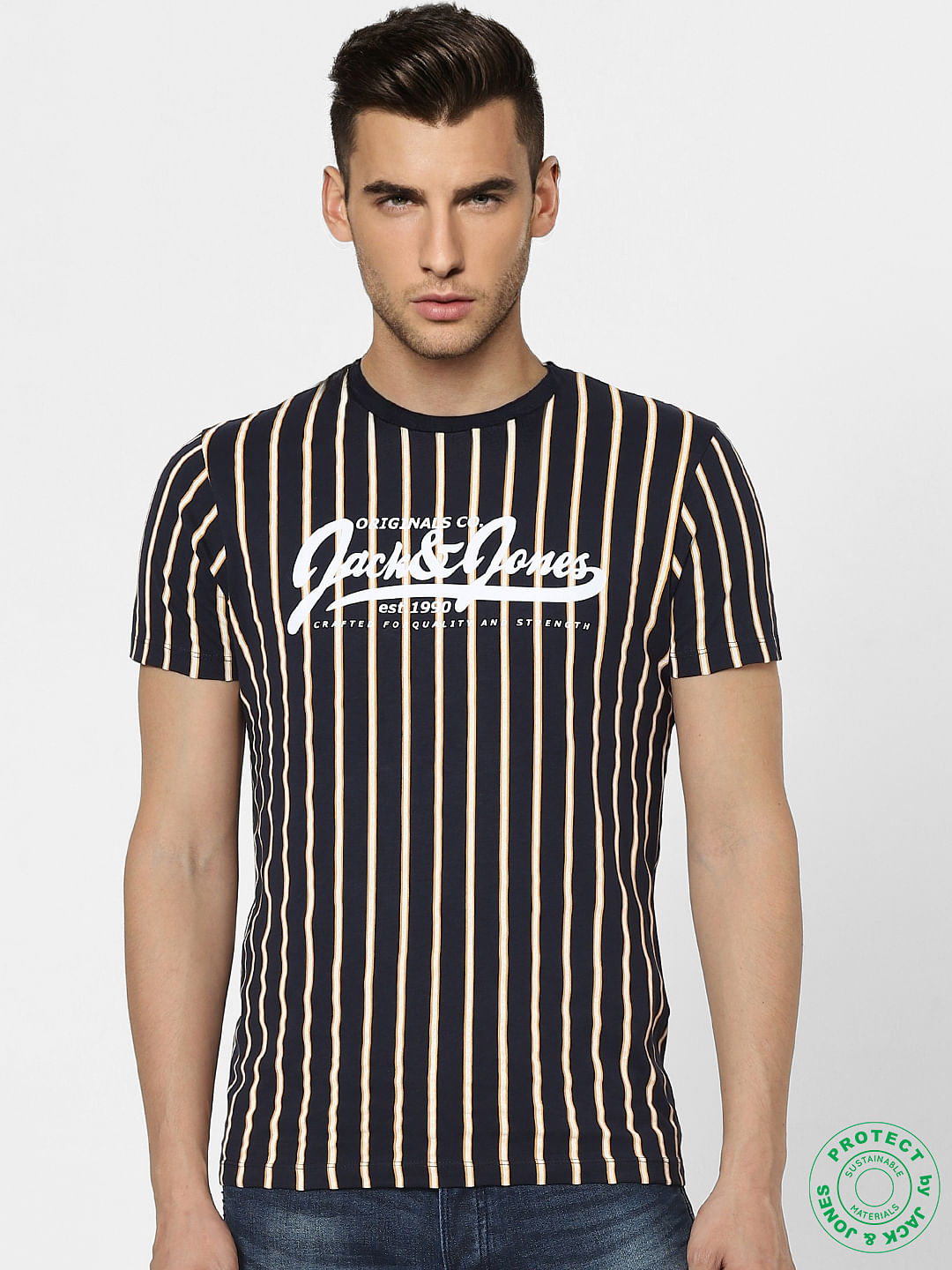 Navy Blue Striped Crew Neck T-shirt