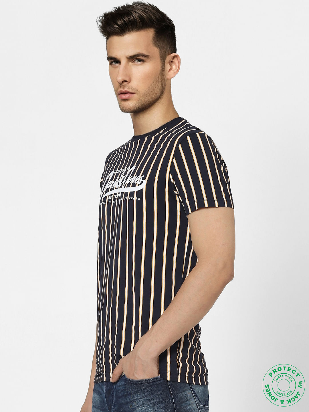 Navy Blue Striped Crew Neck T-shirt