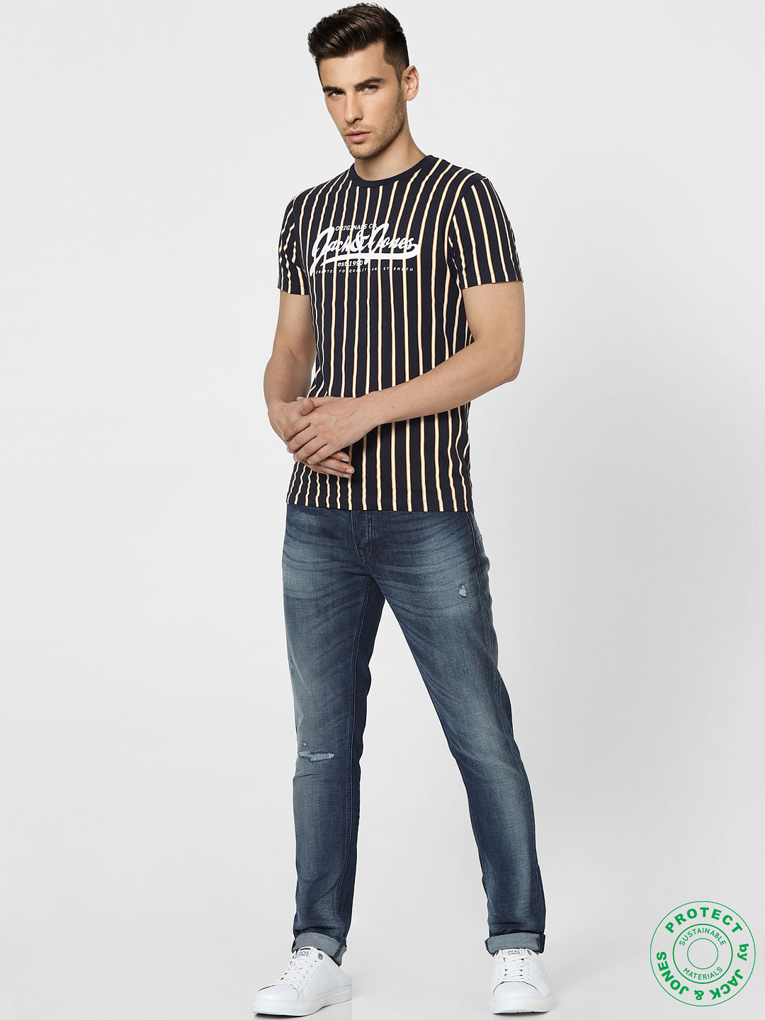 Navy Blue Striped Crew Neck T-shirt