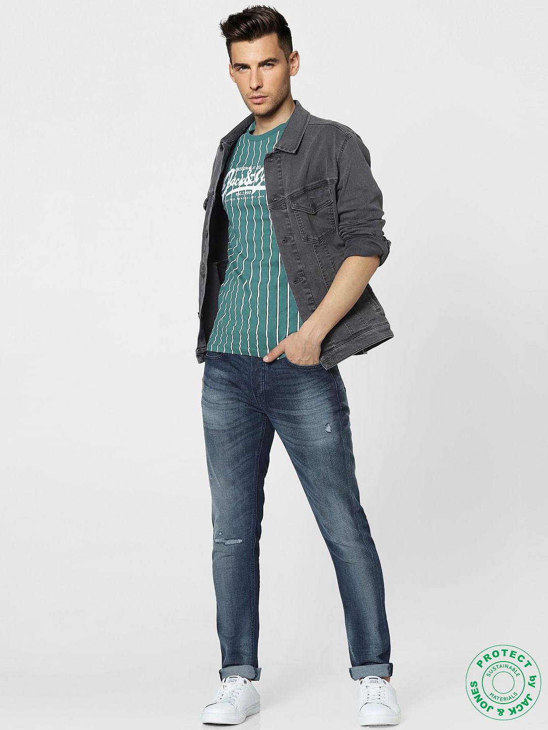 Green Striped Crew Neck T-shirt - S