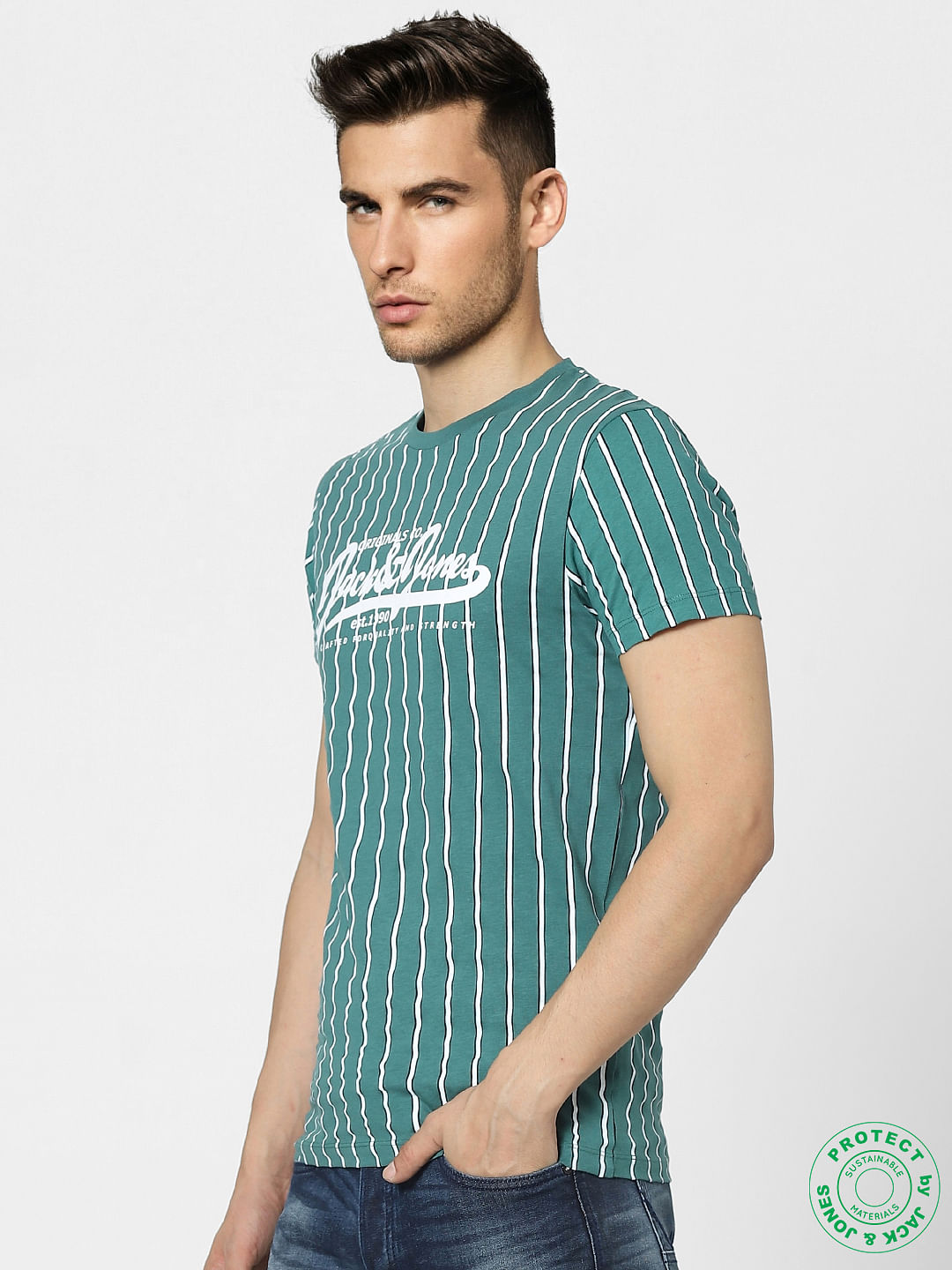Green Striped Crew Neck T-shirt