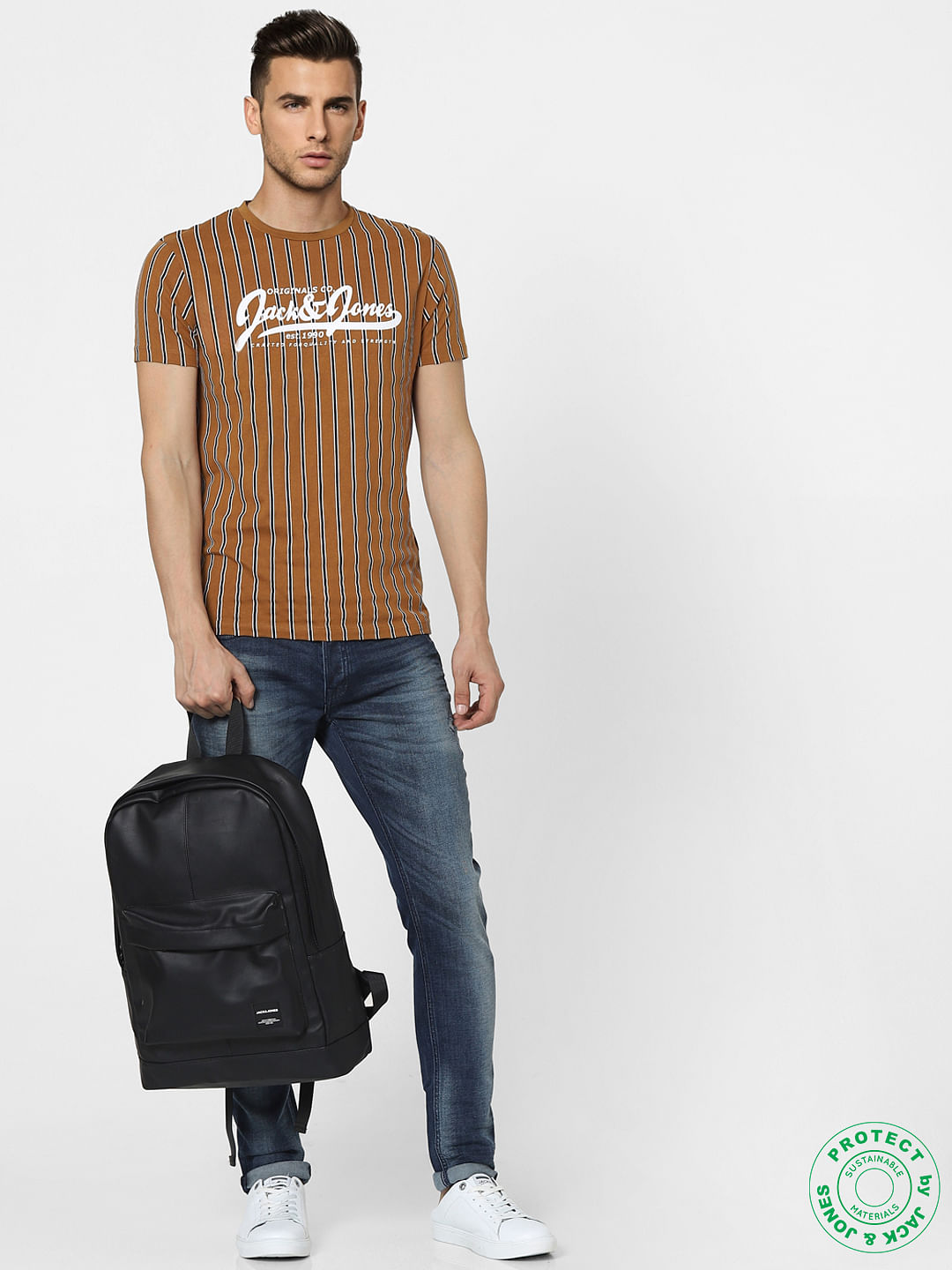 Brown Striped Crew Neck T-shirt - S