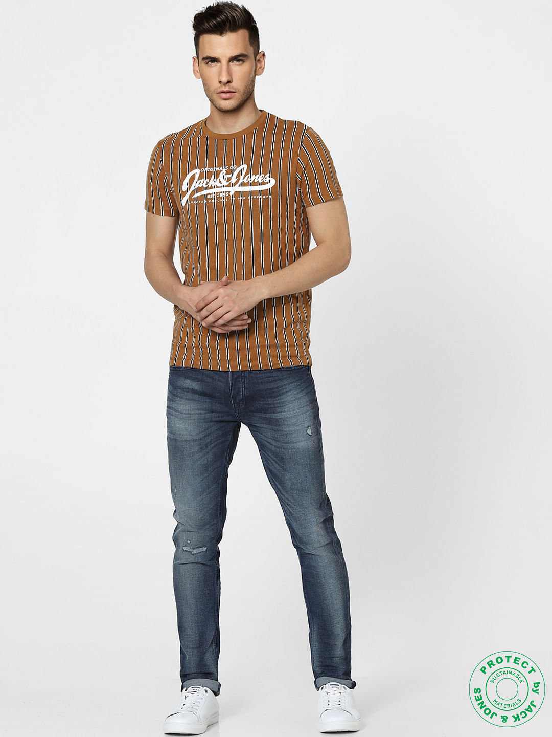 Brown Striped Crew Neck T-shirt