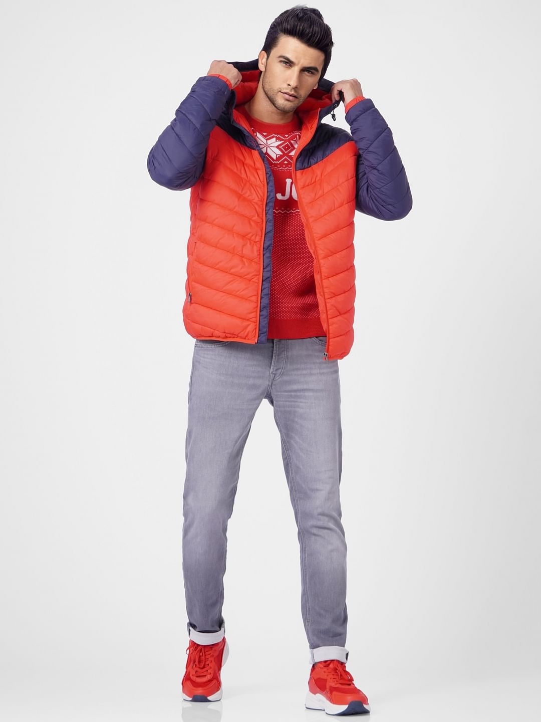 Red Colourblocked Puffer Jacket - S