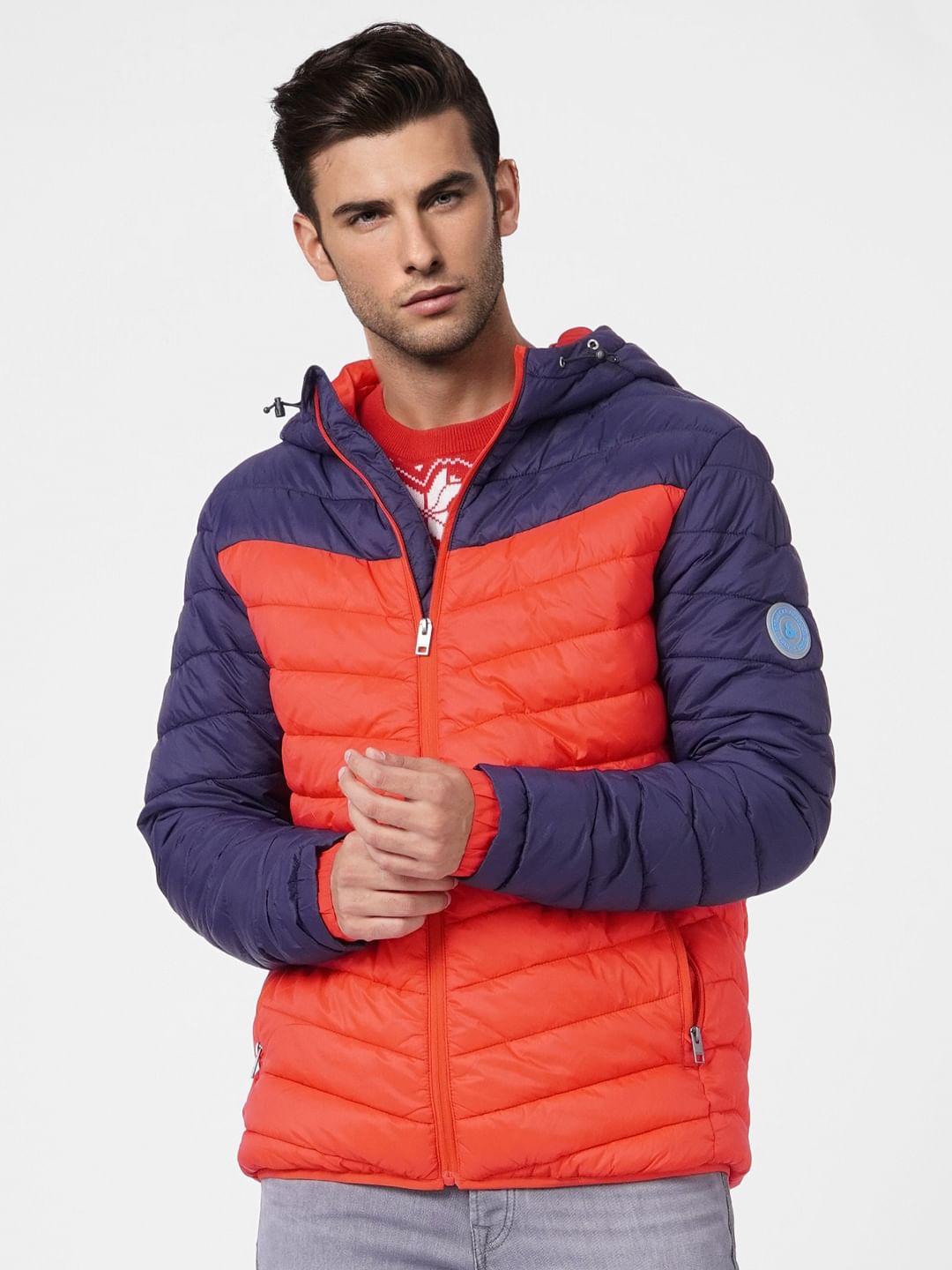 Red Colourblocked Puffer Jacket