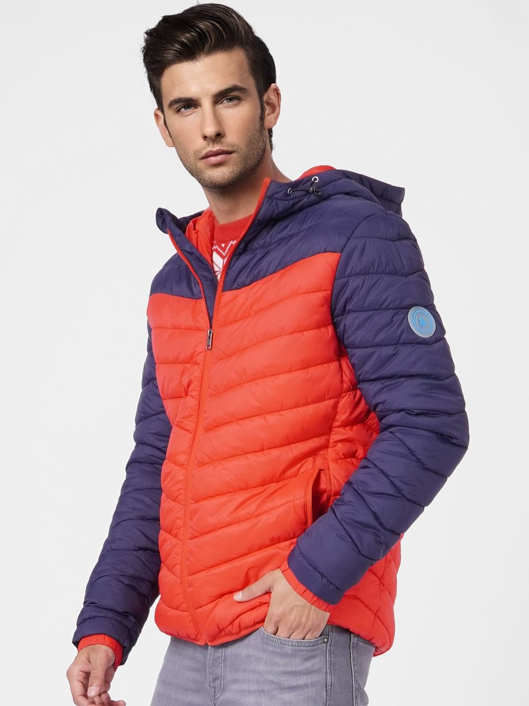 Red Colourblocked Puffer Jacket