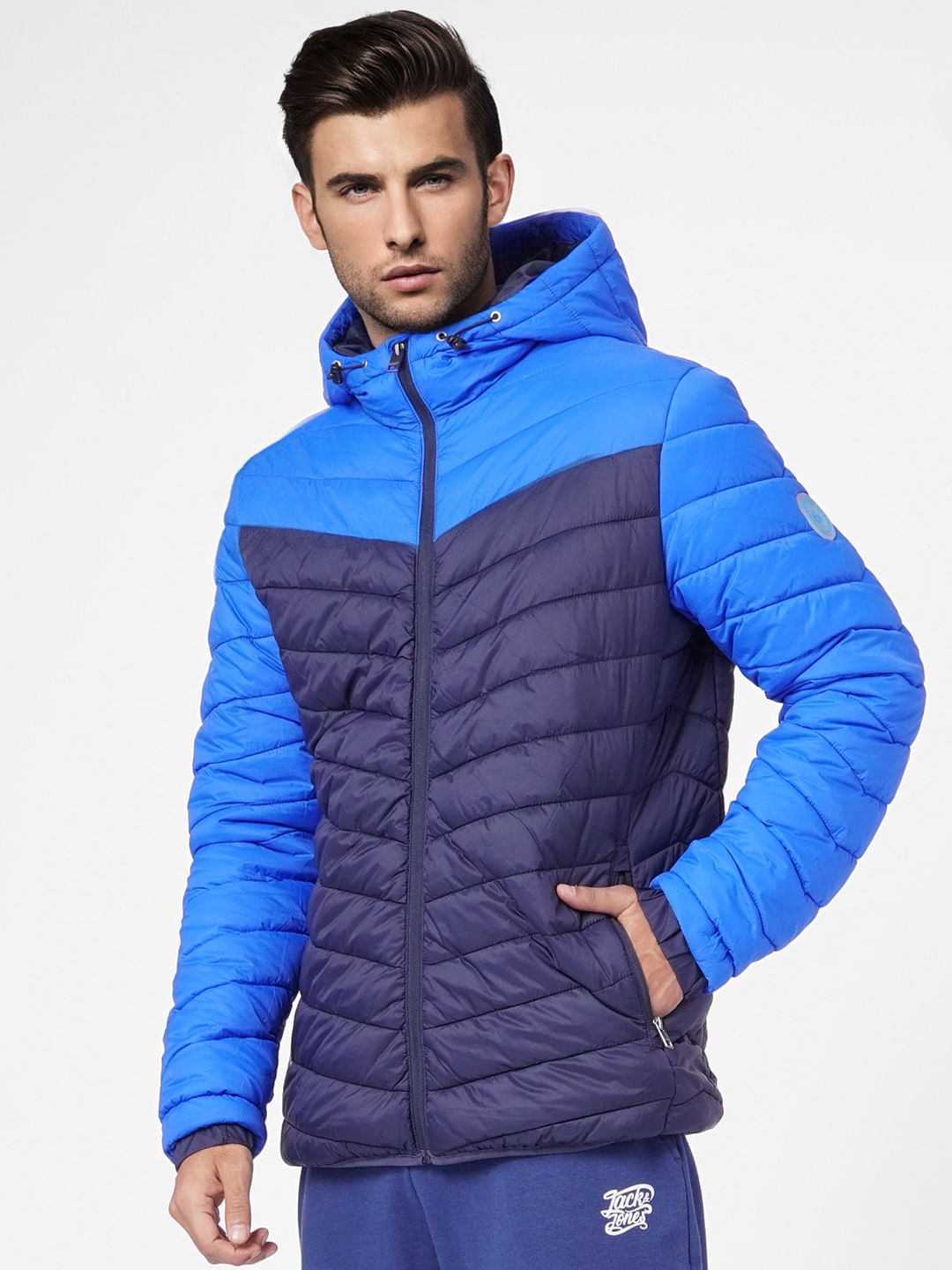 Blue Colourblocked Puffer Jacket