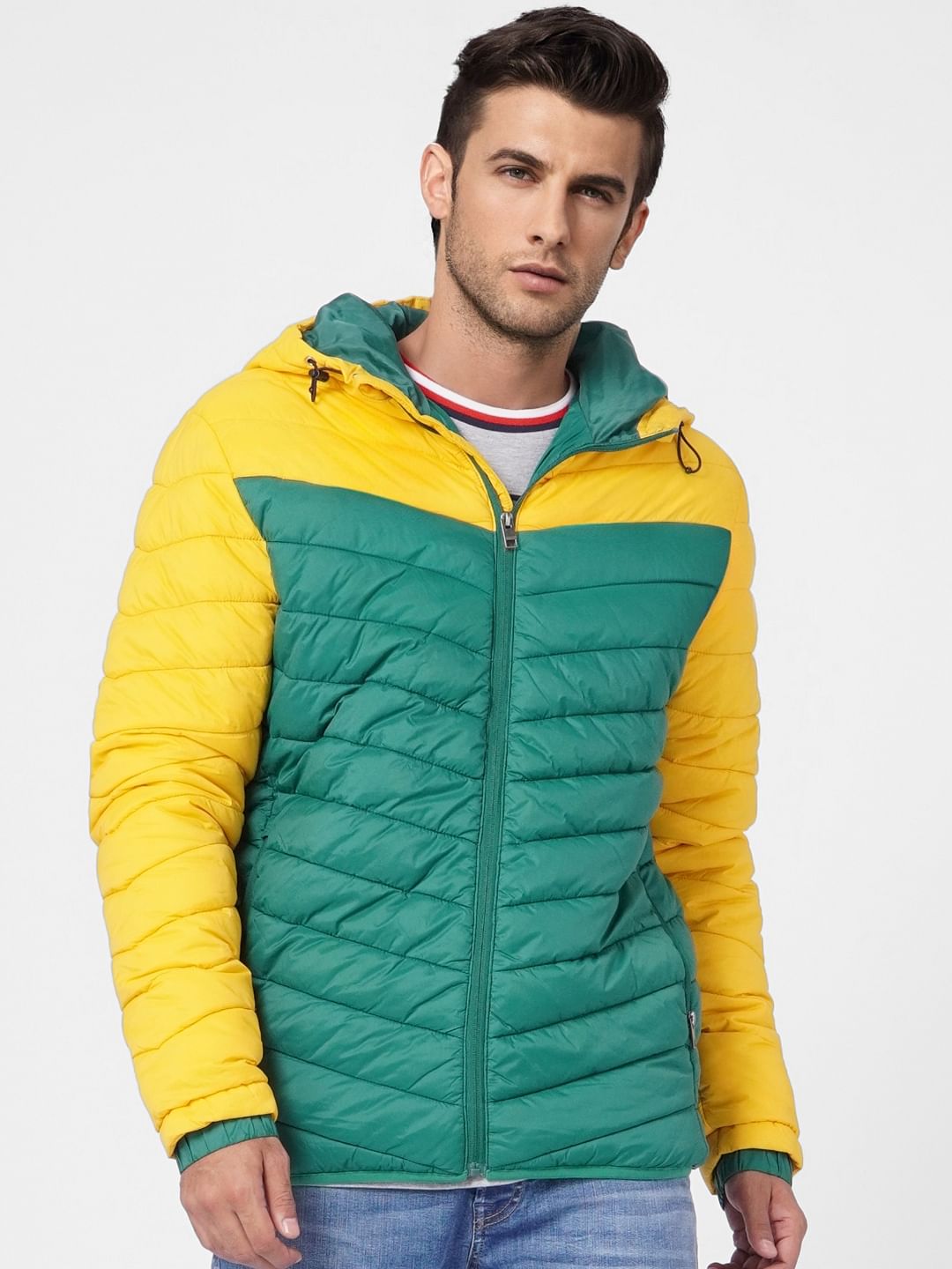 Green Colourblocked Puffer Jacket