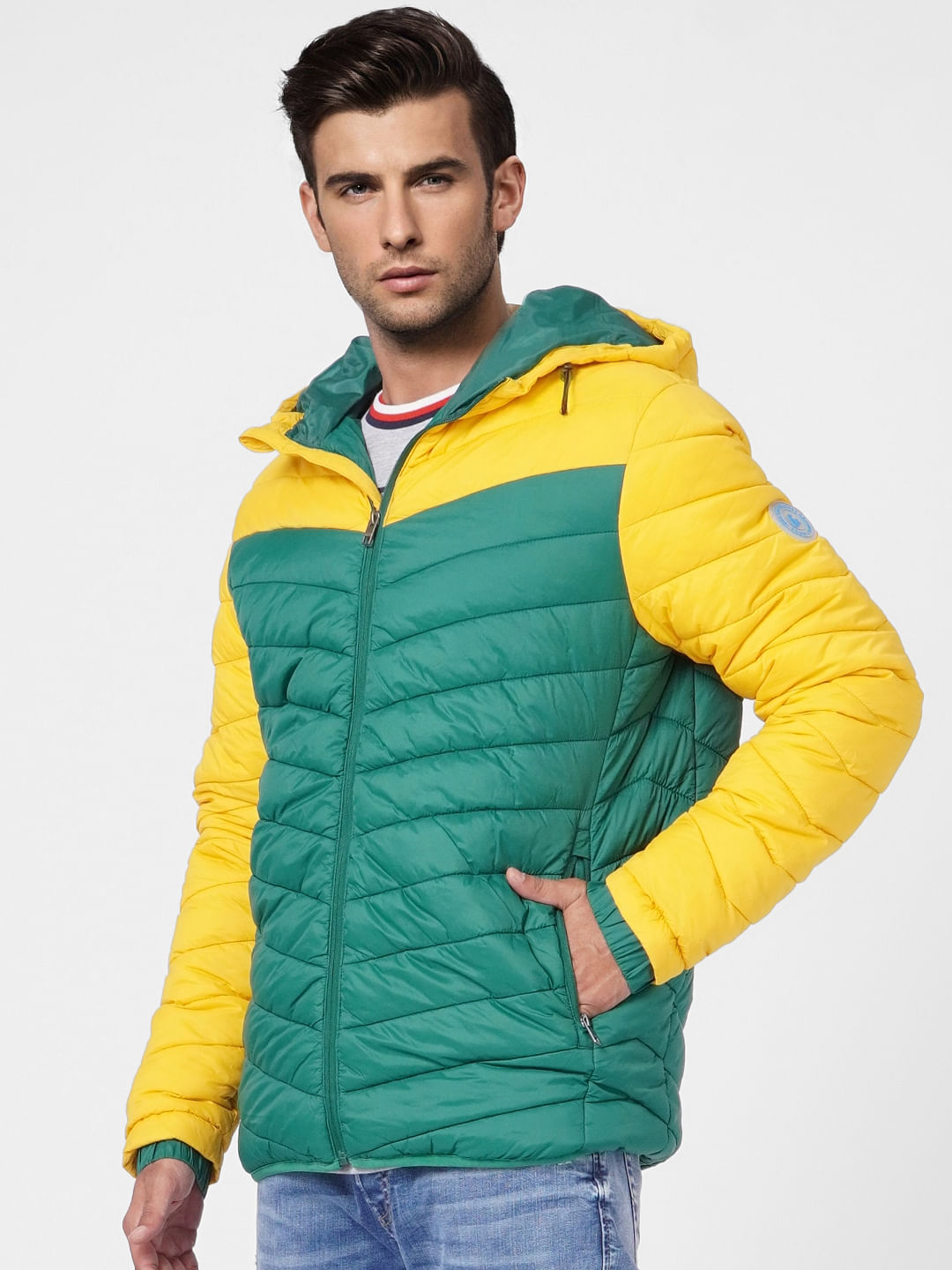Green Colourblocked Puffer Jacket