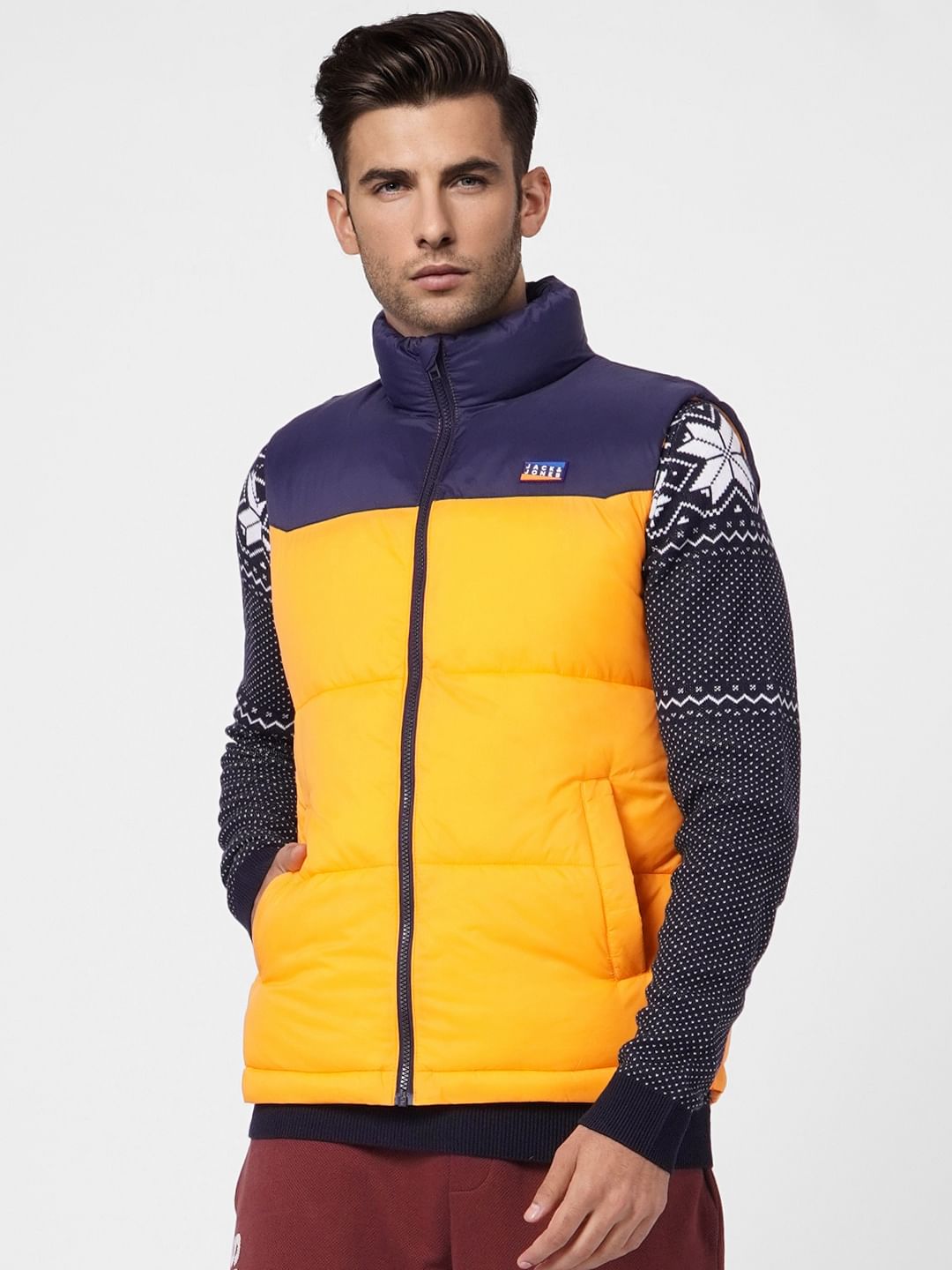 Orange Colourblocked Puffer Vest Jacket