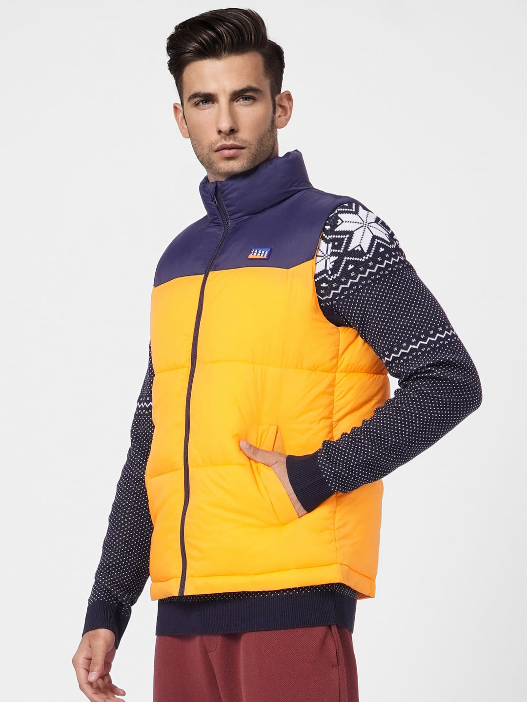 Orange Colourblocked Puffer Vest Jacket