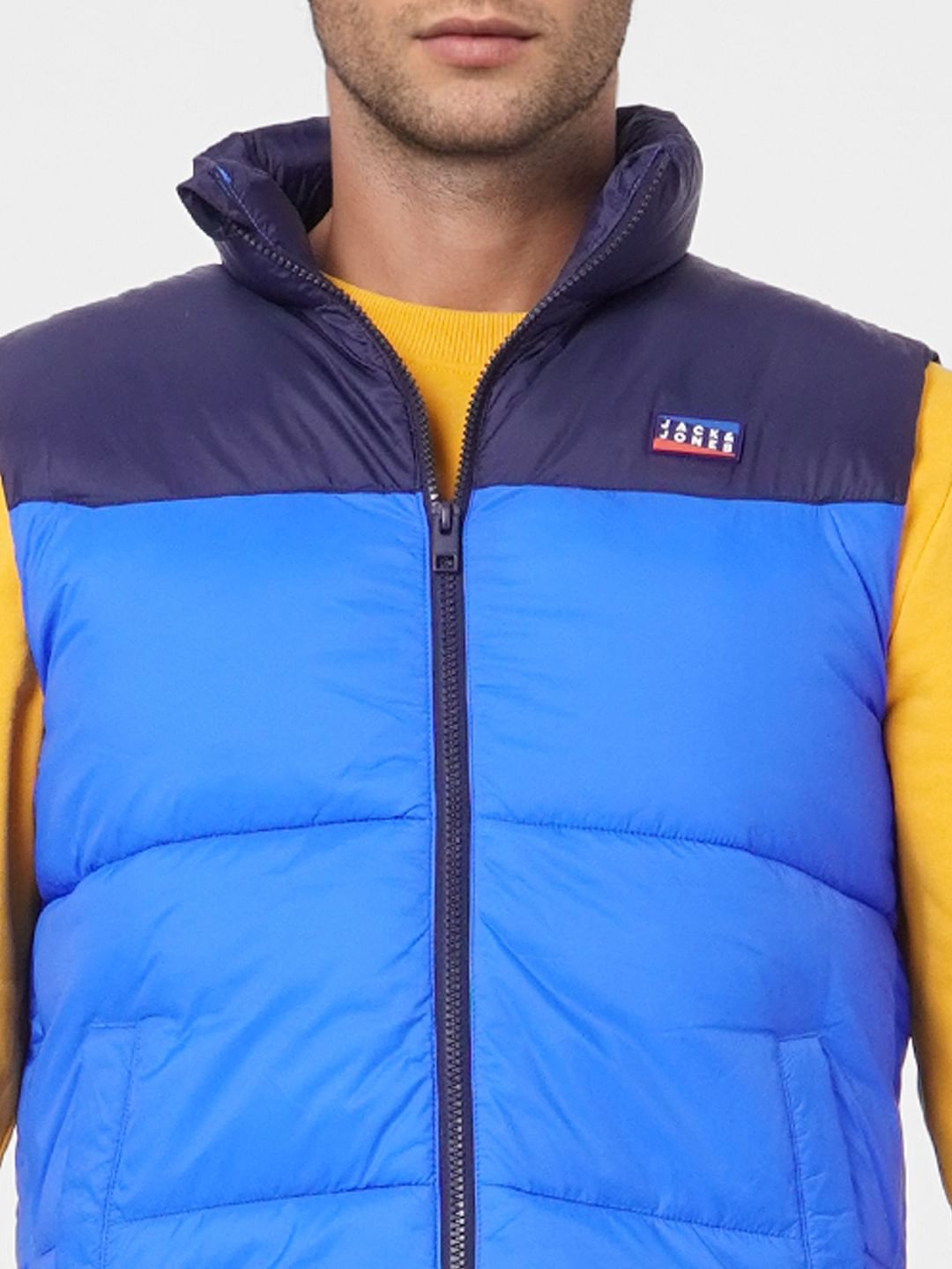 Blue Colourblocked Puffer Vest Jacket