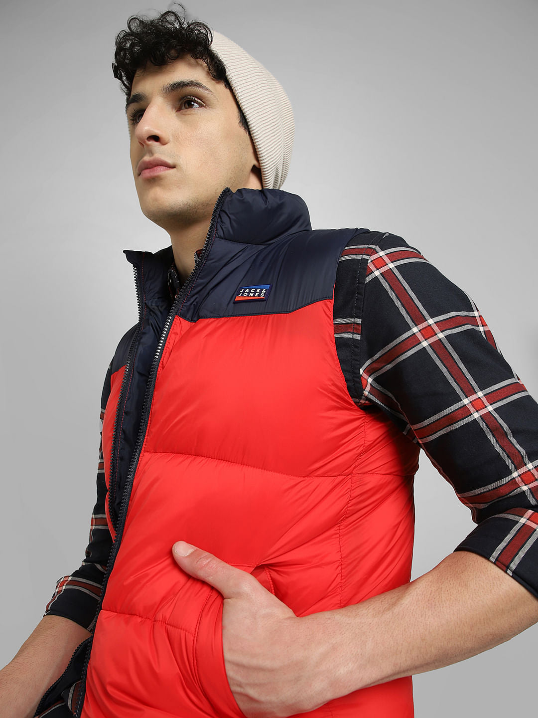 Red Colourblocked Puffer Vest Jacket - S