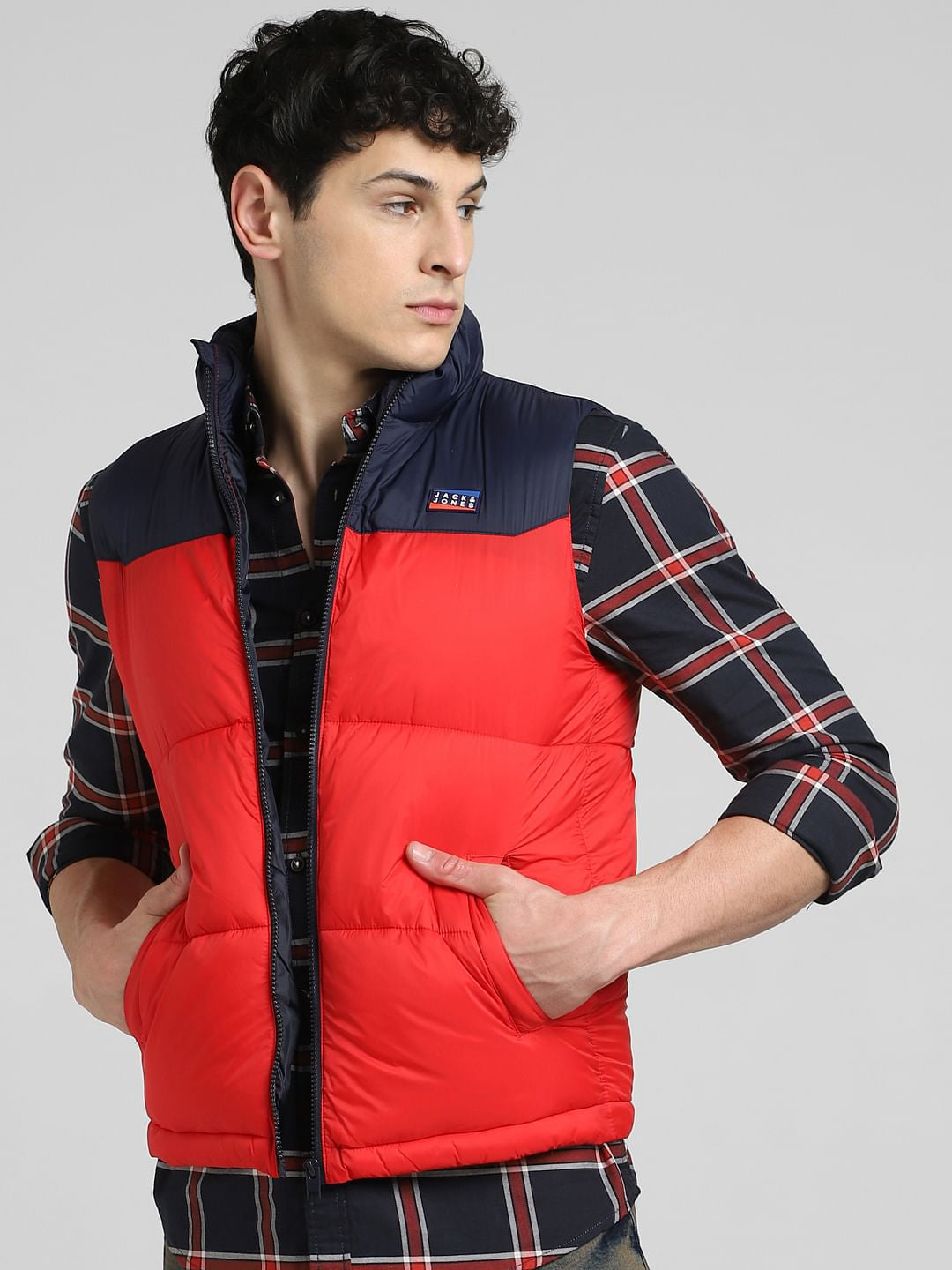 Red Colourblocked Puffer Vest Jacket